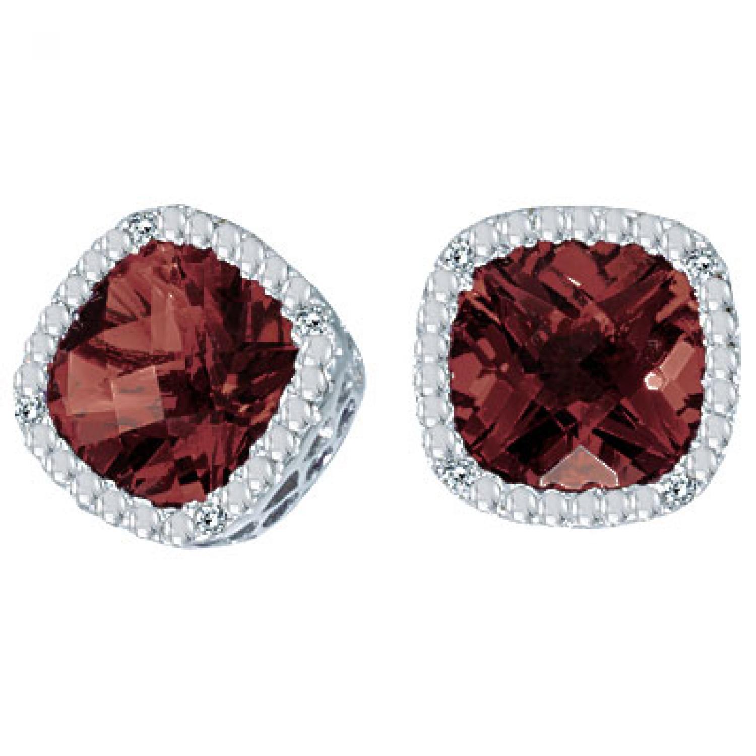 14K White Gold 7mm Cushion Garnet and Diamond Earrings