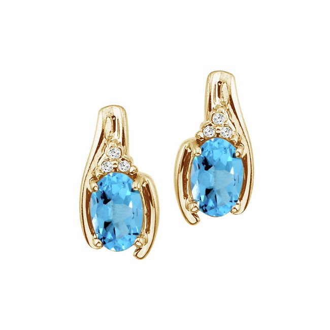 14K Yellow Gold Oval Blue Topaz and Diamond Earrings