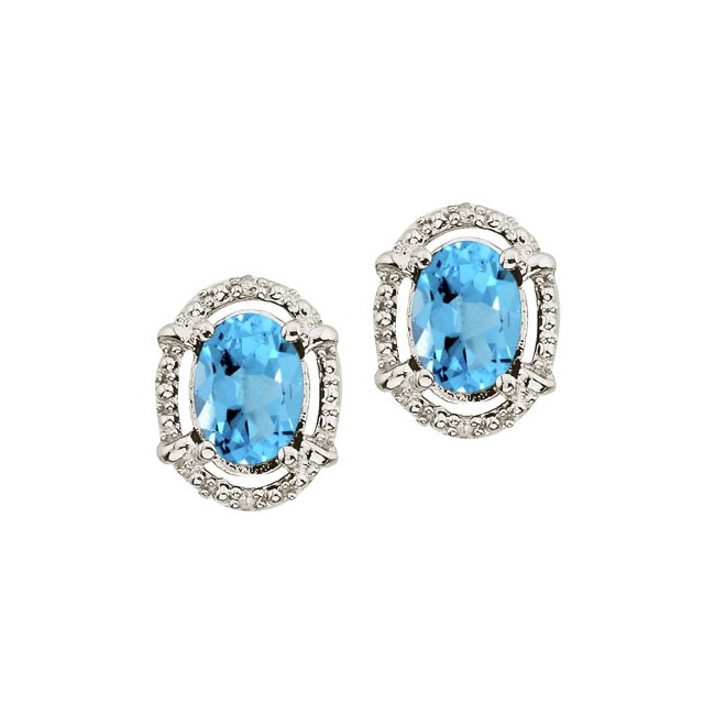 14K White Gold Oval Blue Topaz and Diamond Earrings