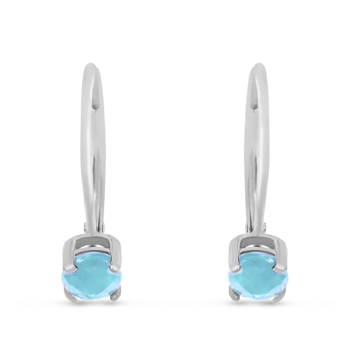 14K White Gold Round Aquamarine Leverback Birhtstone Earrings