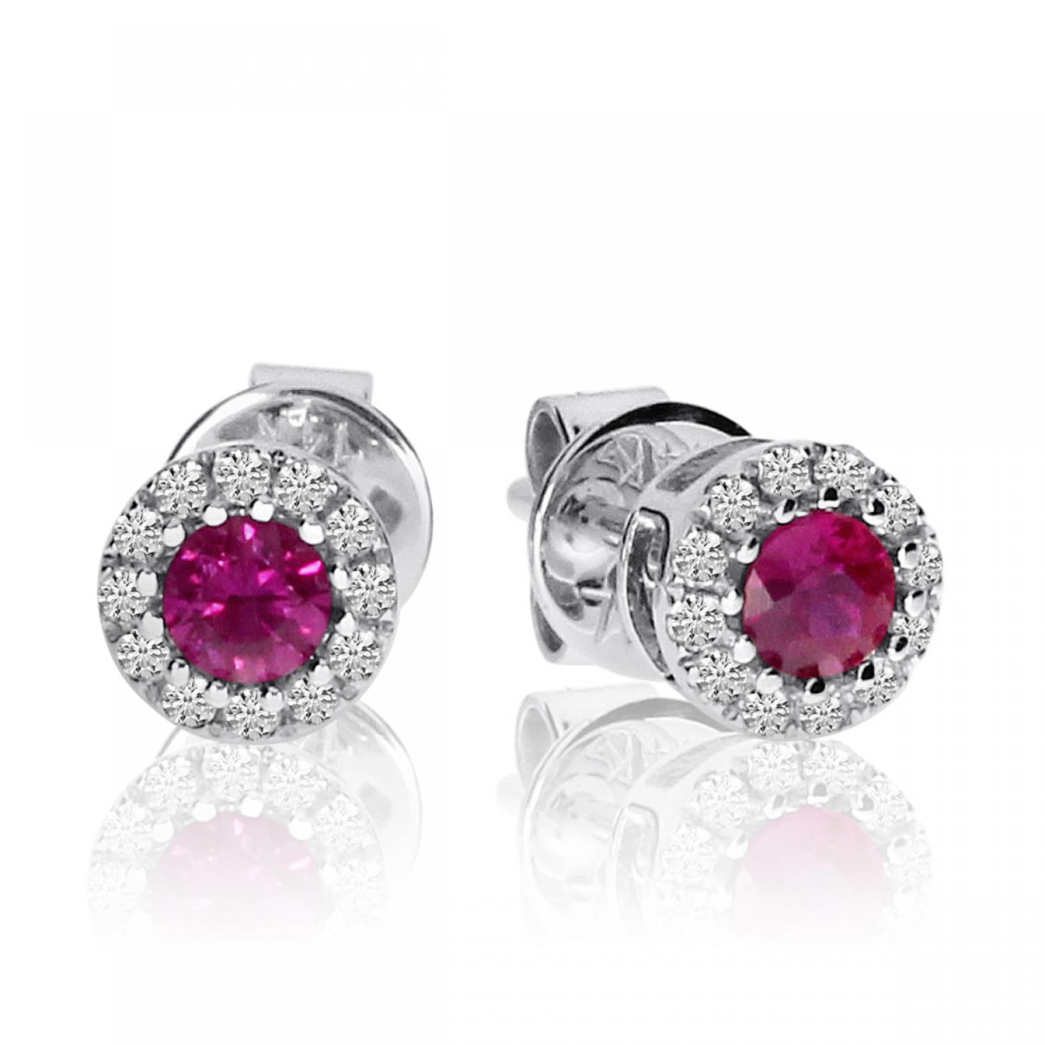 14k White Gold Precious Ruby and Diamond Round Earrings