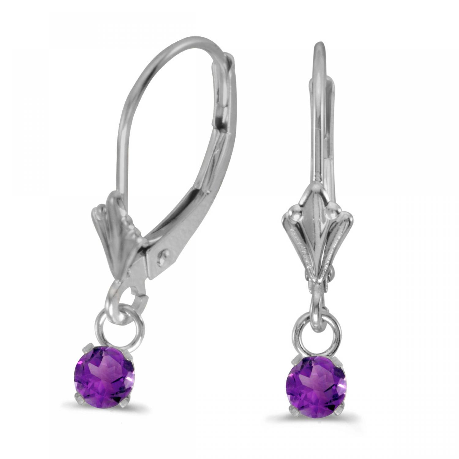 14K White Gold 4mm Round Amethyst Lever Back Dangle Semi Precious Birthstone Ear