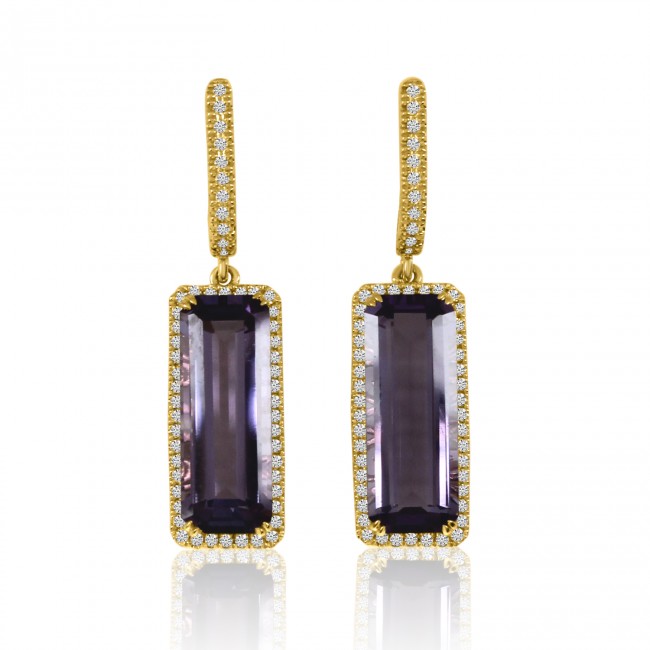 14k Yellow Gold 15x6 Long Octagon Amethyst and Diamond Semi Precious Dangle Fash