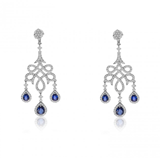 14K White Gold Pear Sapphire and Diamond Precious Chandelier Earrings