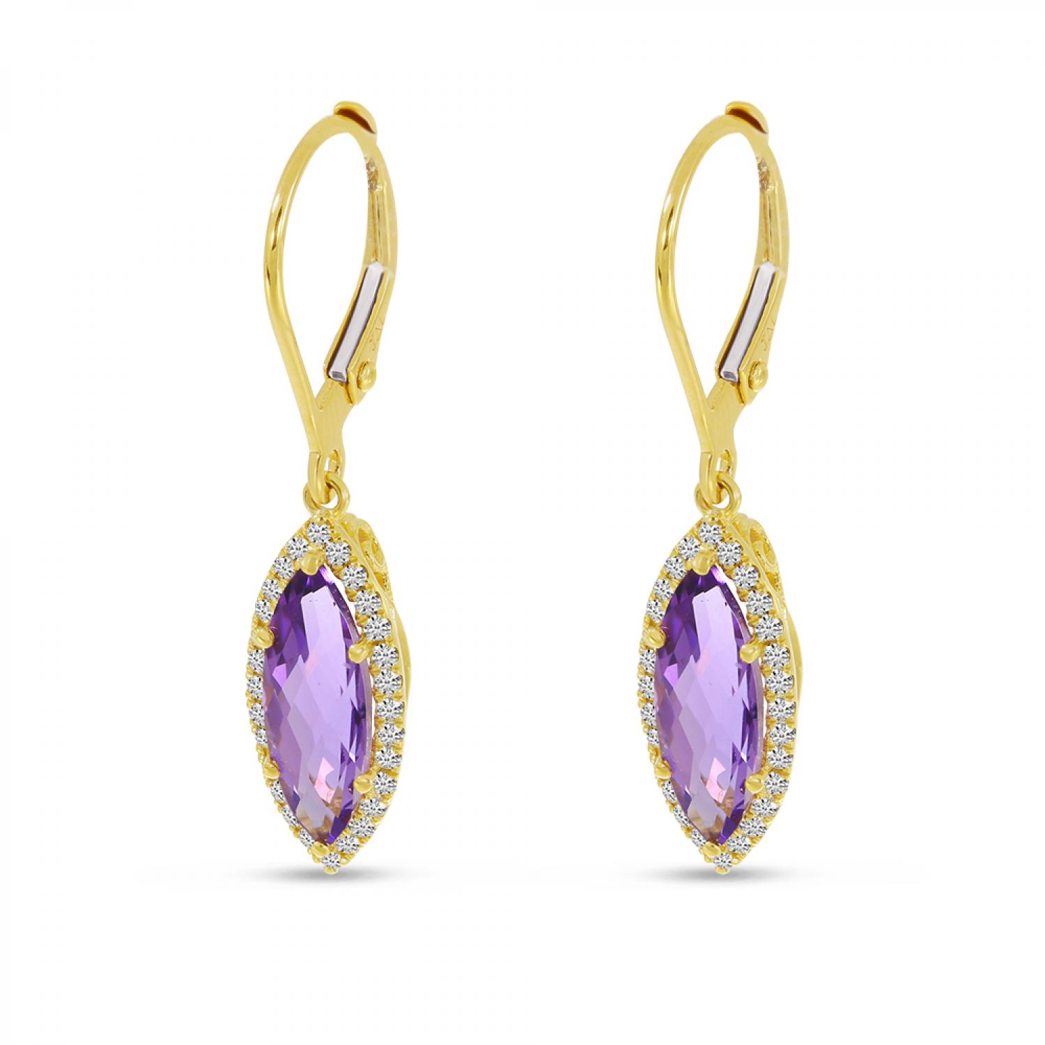 14K Yellow Gold Marquise Amethyst with Diamond Halo Leverback Earrings