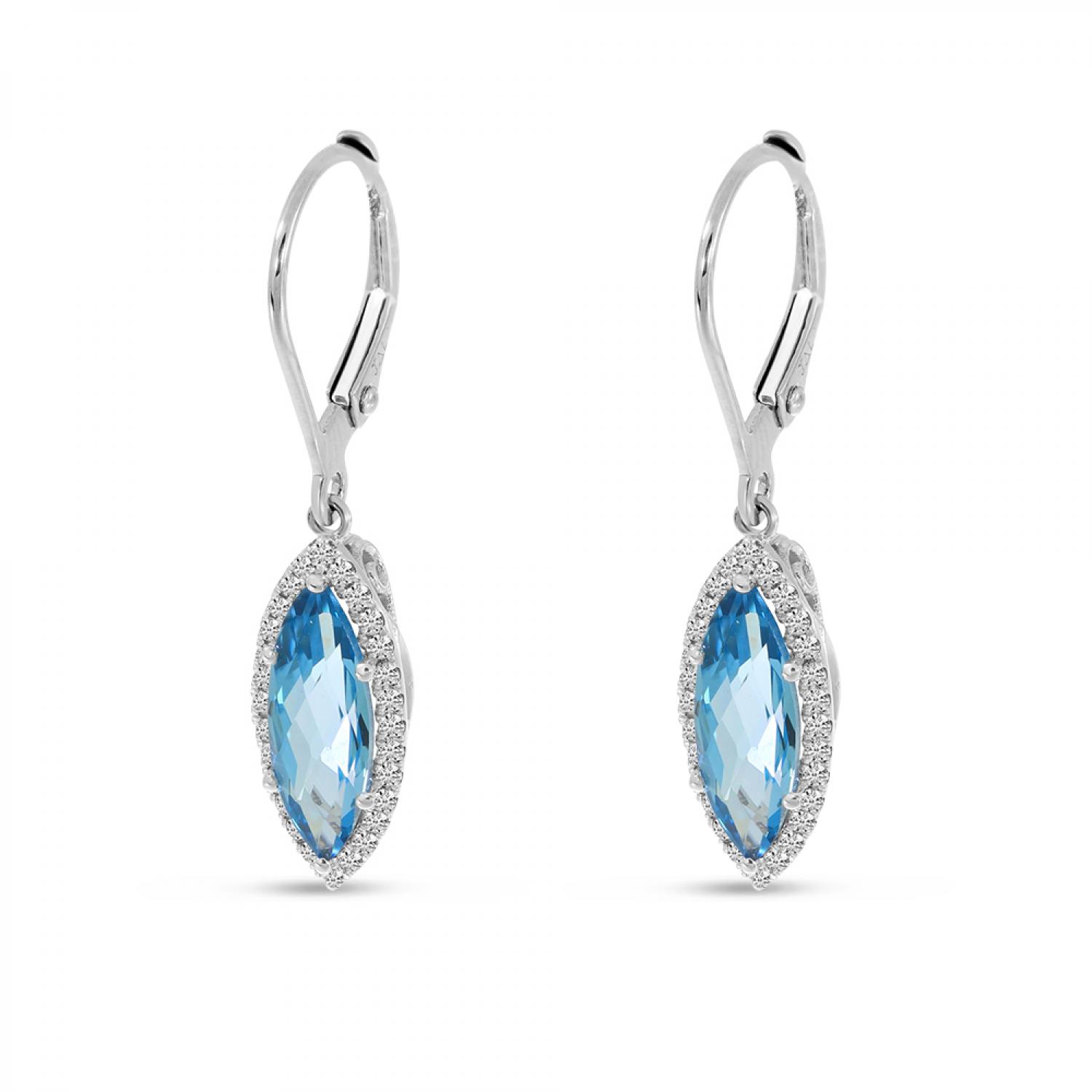 14K White Gold Marquise Blue Topaz with Diamond Halo Leverback Earrings