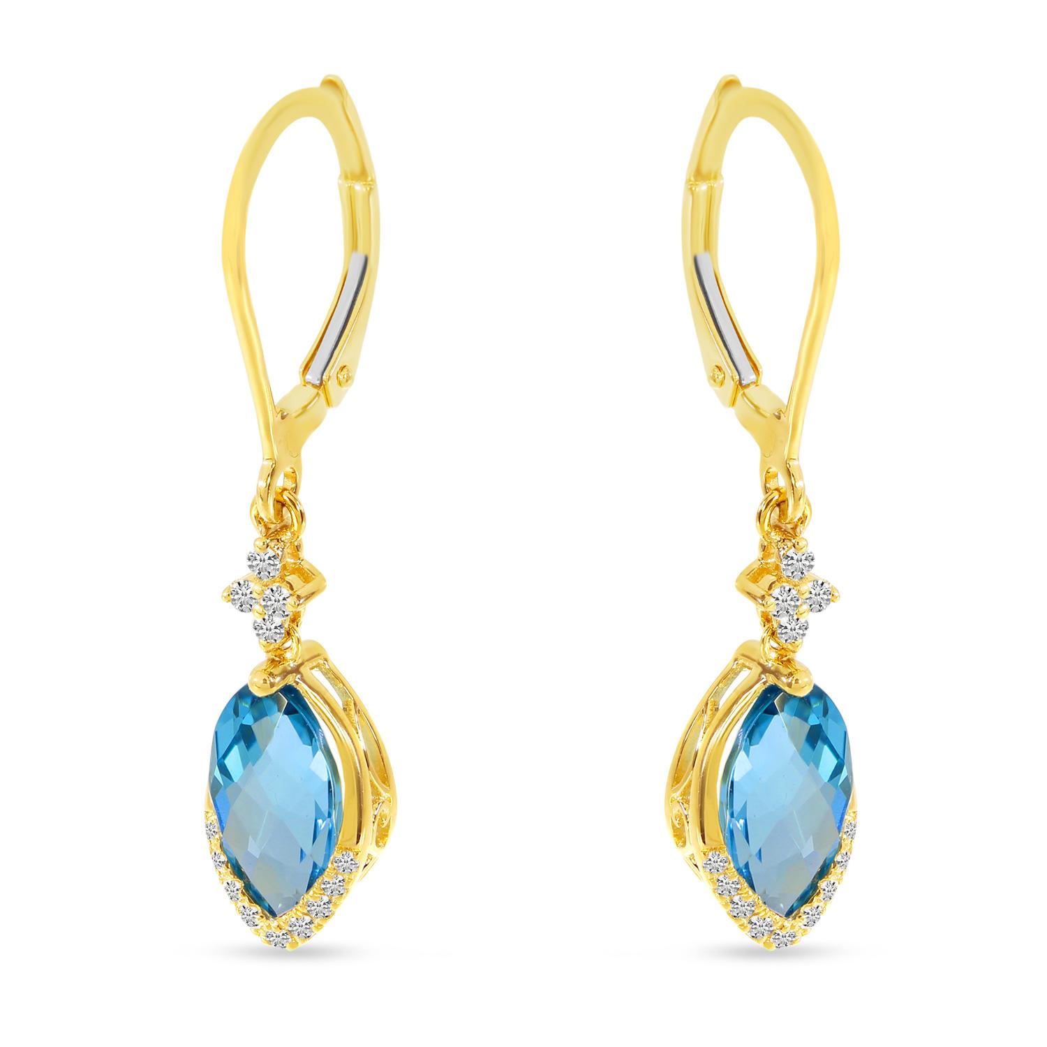 14K Yellow Gold Marquise Blue Topaz and Diamond Dangle Earrings