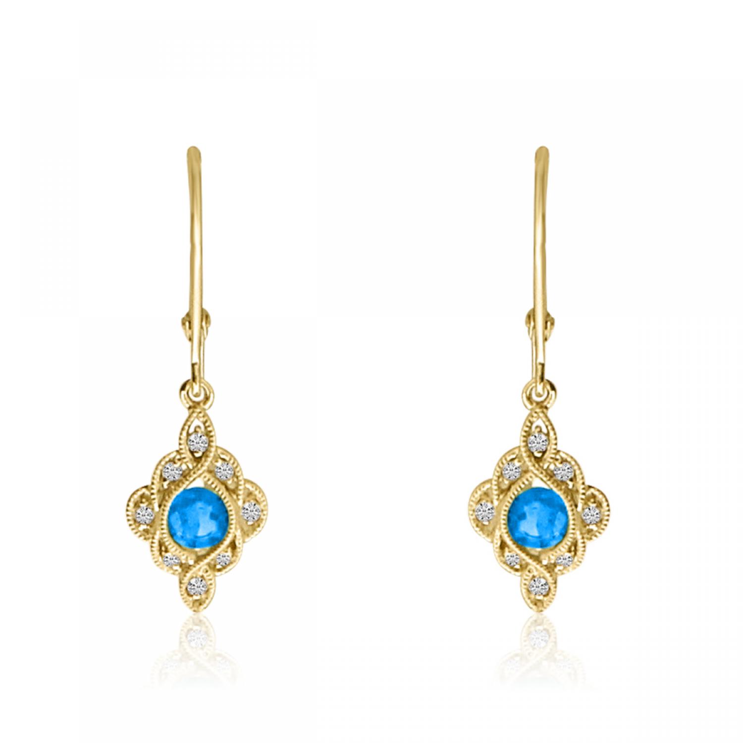 14K Yellow Gold Round Blue Topaz and Diamond Leverback Earrings