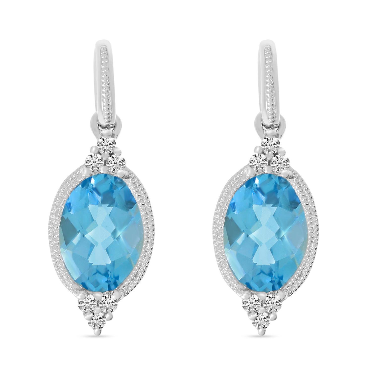 14K White Gold Oval Blue Topaz and Diamond  Millgrain Post Earrings