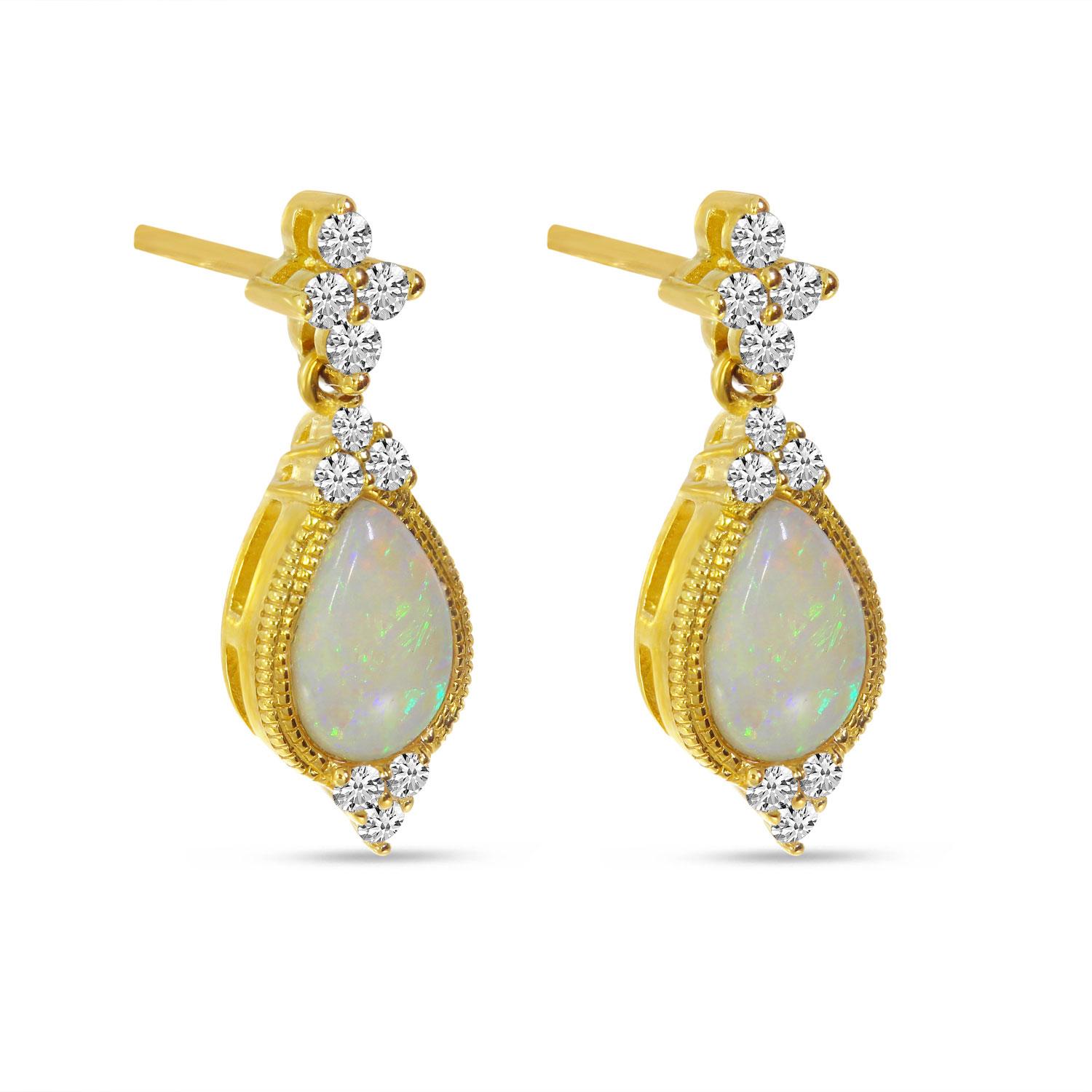 14K Yellow Gold Milgrain Pear Shaped Opal and Diamond Earrings