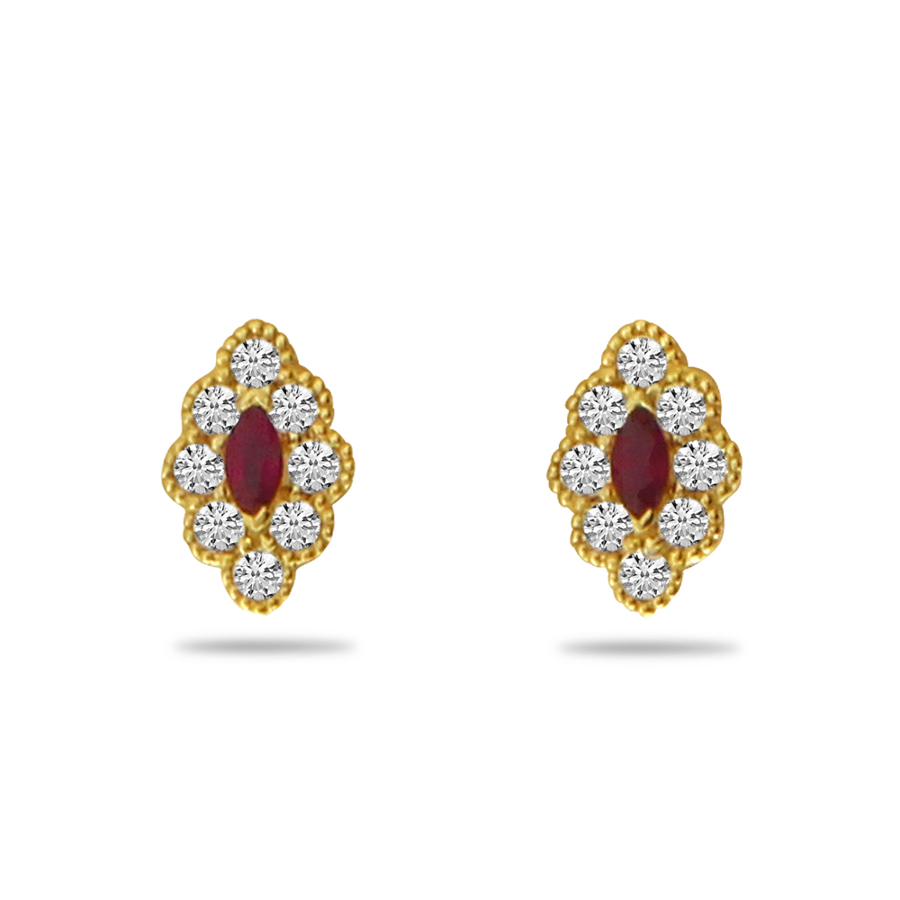 14K Yellow Gold Marquis Ruby and Diamond Beaded Earrings