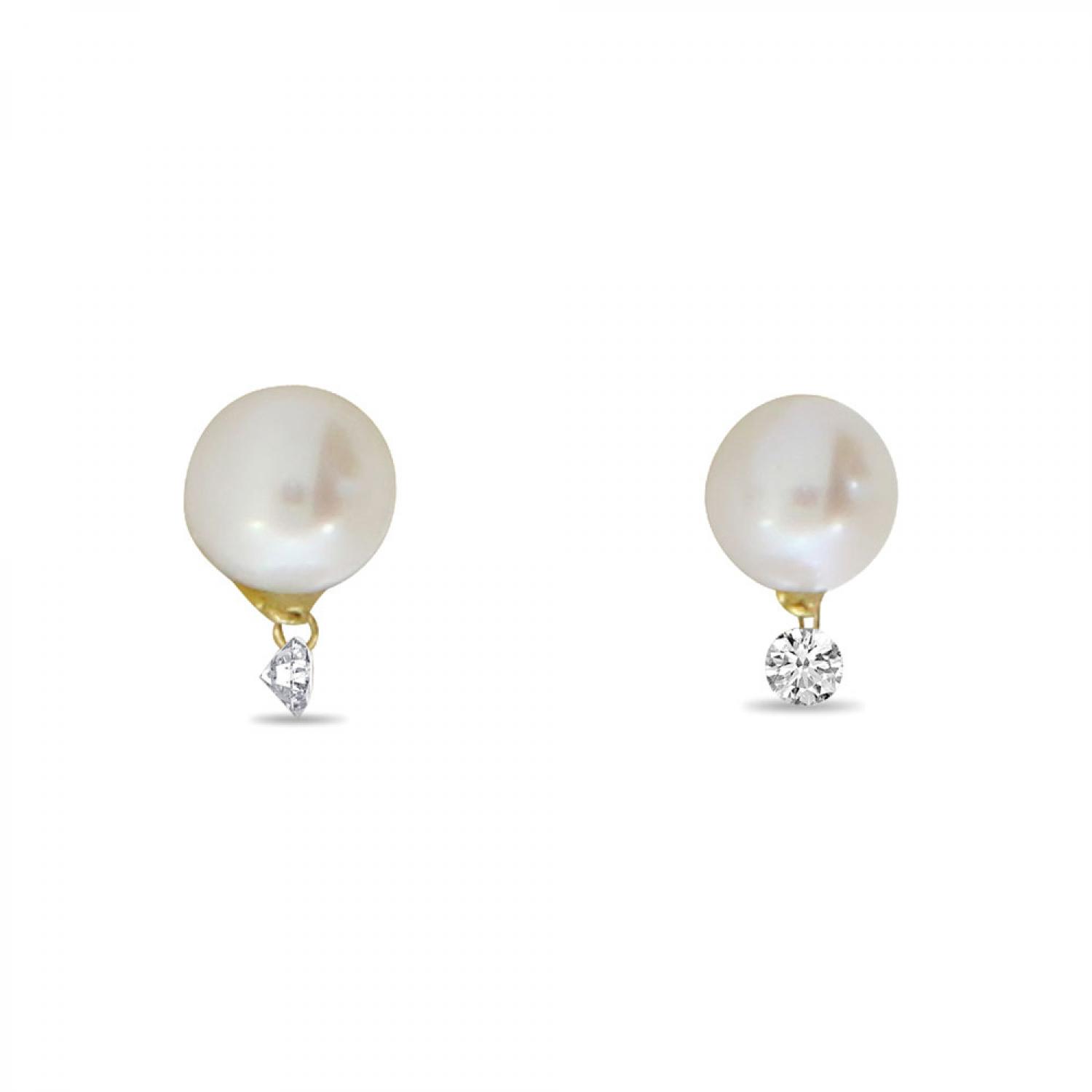 14K Yellow Gold 7mm .16 ct Dashing Diamond  Pearl Post Earring