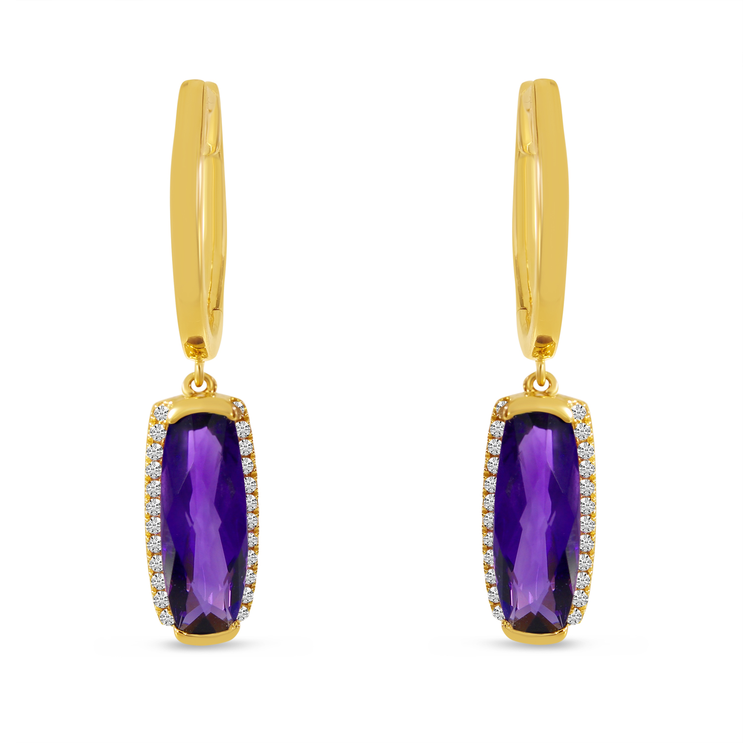 14K Yellow Gold Baguette Amethyst and Diamond Semi Precious Hoop Earring