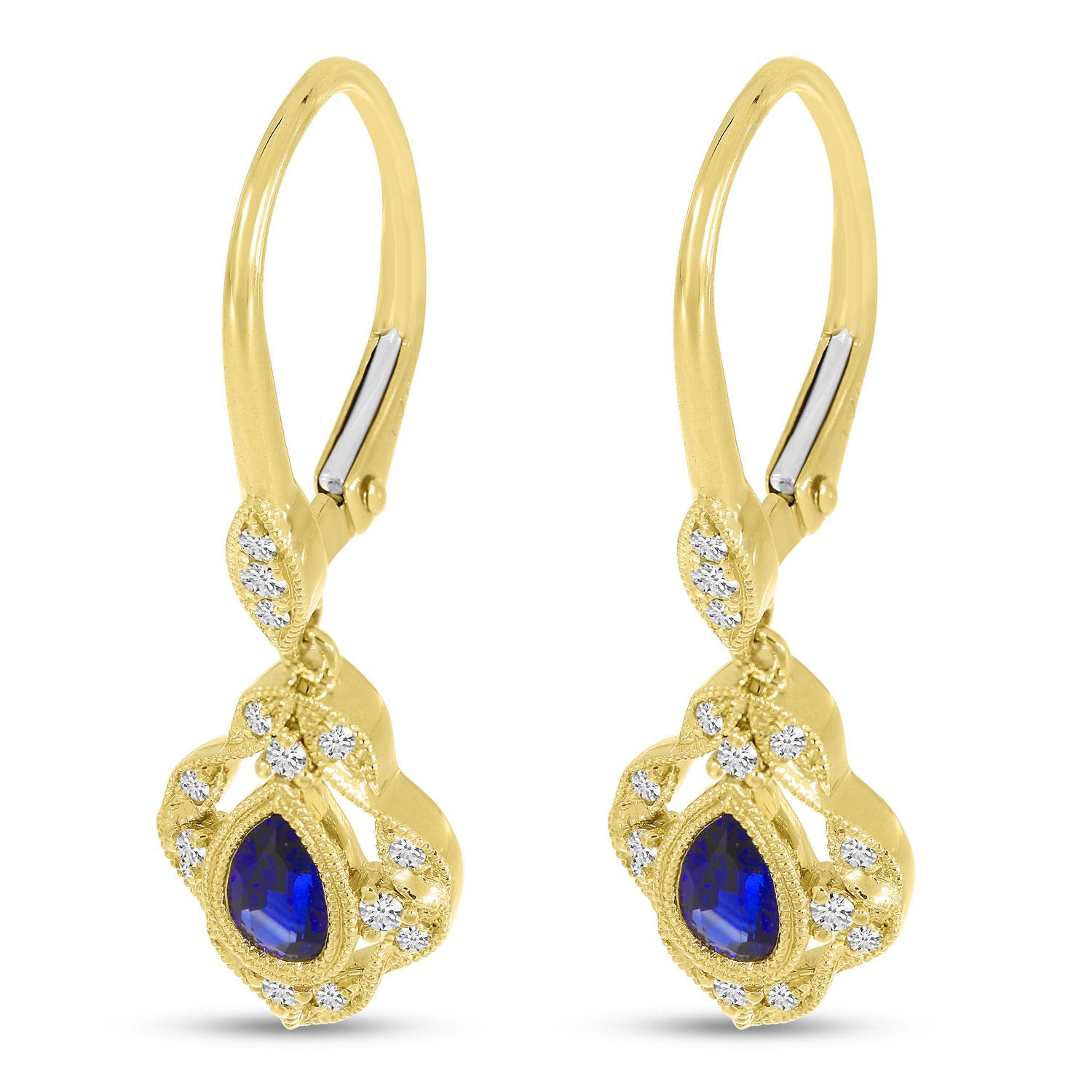 14K Yellow Gold Pear Sapphire Milgrain and Diamond Leverback Earrings