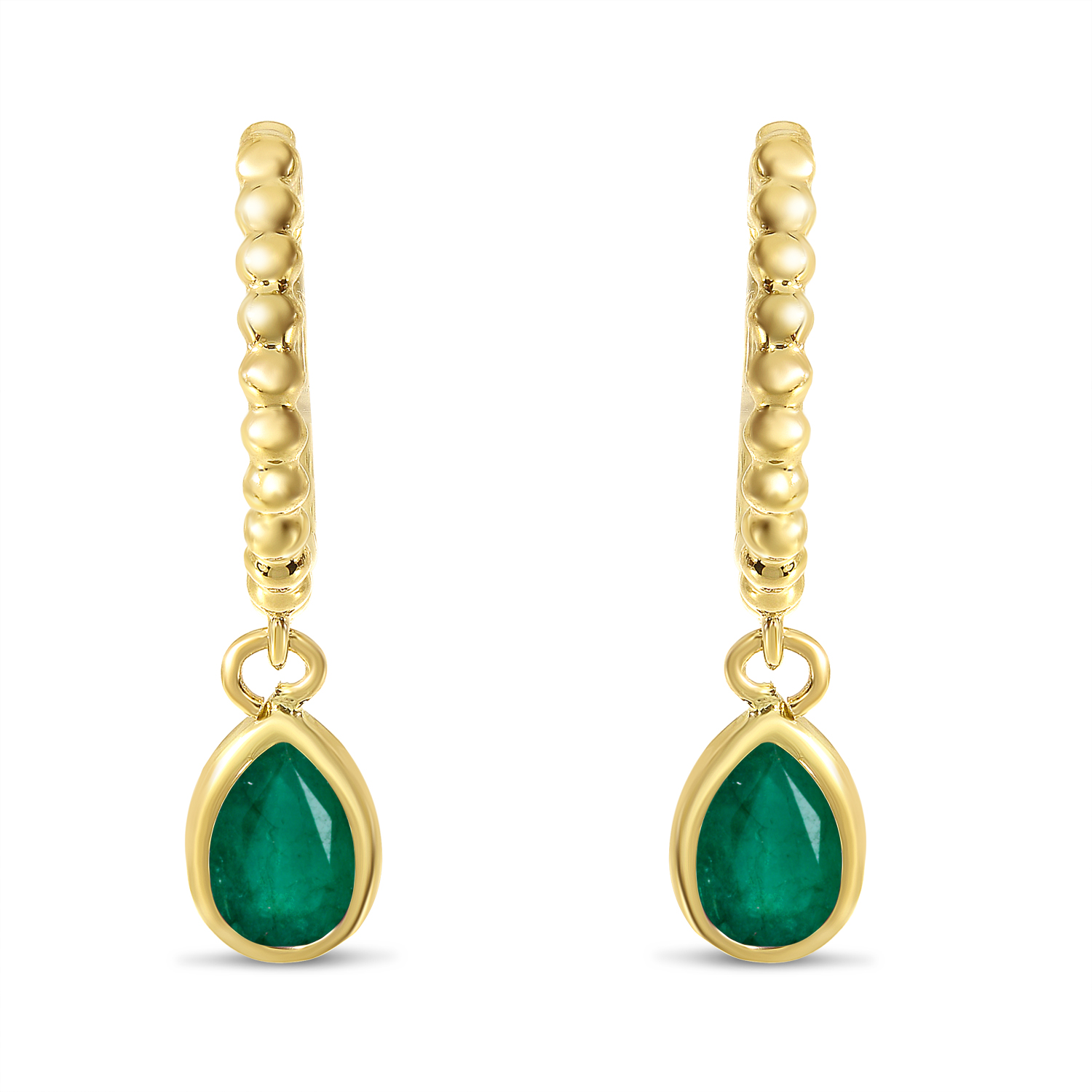 14K Yellow Gold Pear Emerald Dangle Birthstone Textured Huggie Earrings