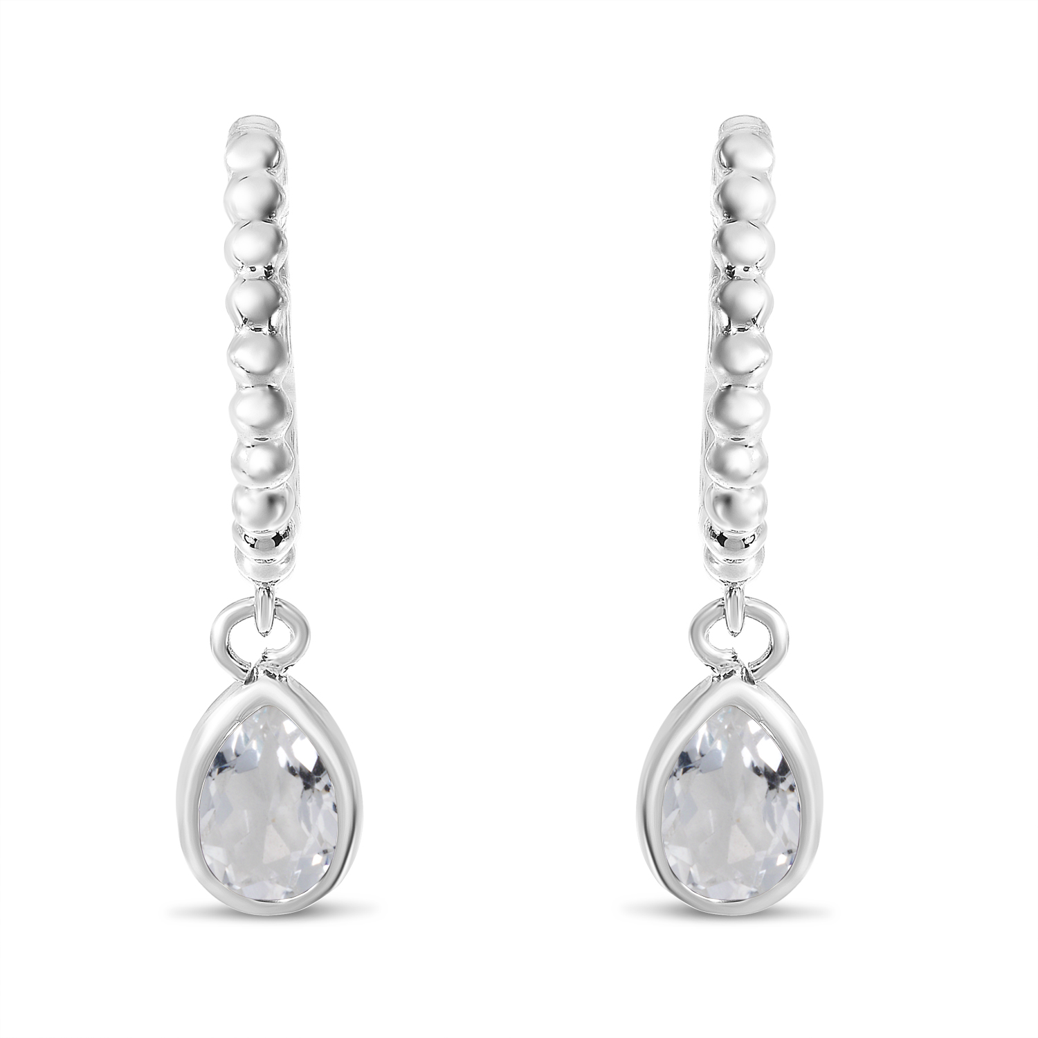 14K White Gold Pear White Topaz Dangle Birthstone Textured Huggie Earrings