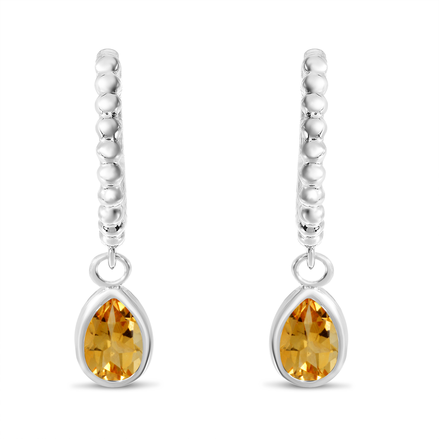 14K White Gold Pear Citrine Dangle Birthstone Textured Huggie Earrings