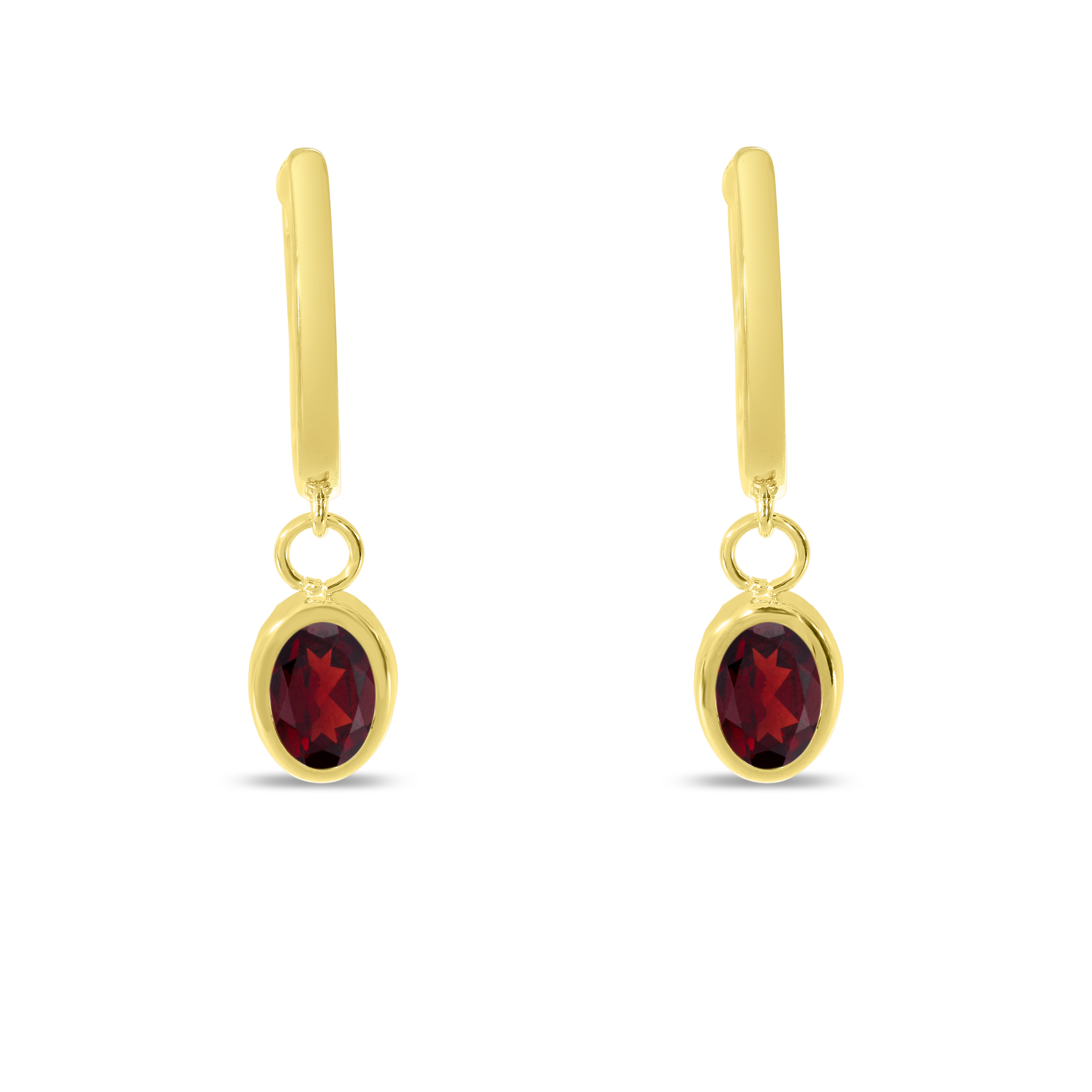 14K Yellow Gold Oval Garnet Dangle Birthstone Huggie Earrings