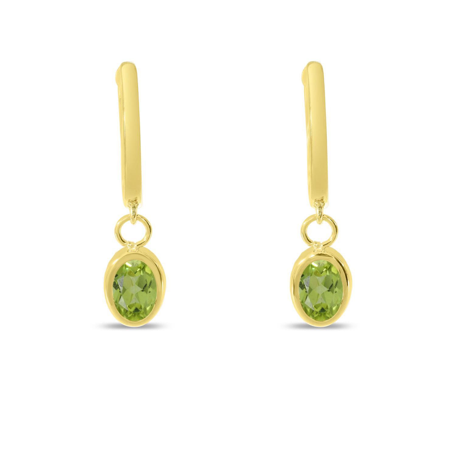 14K Yellow Gold Oval Emerald Dangle Birthstone Huggie Earrings