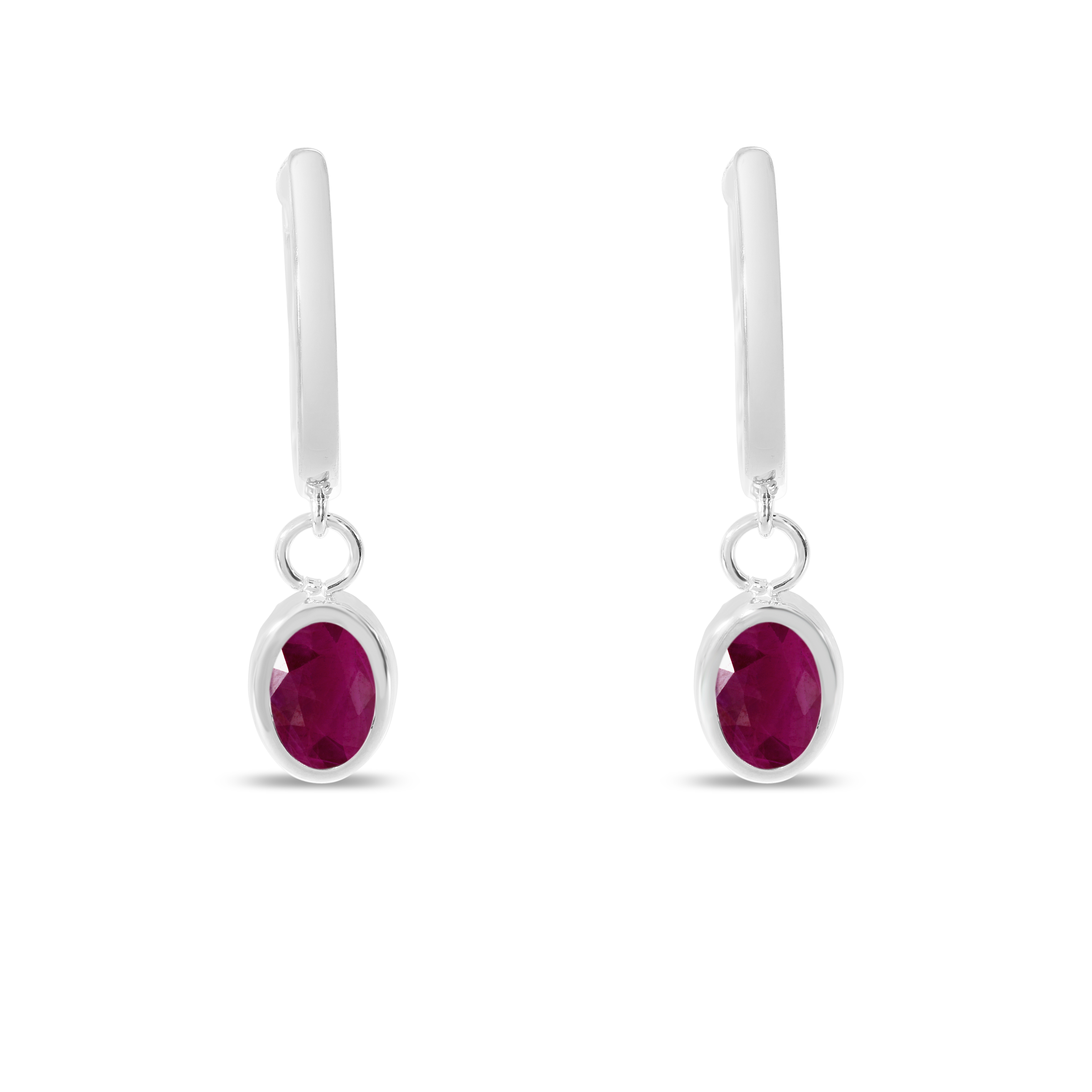 14K White Gold Oval Ruby Dangle Birthstone Huggie Earrings