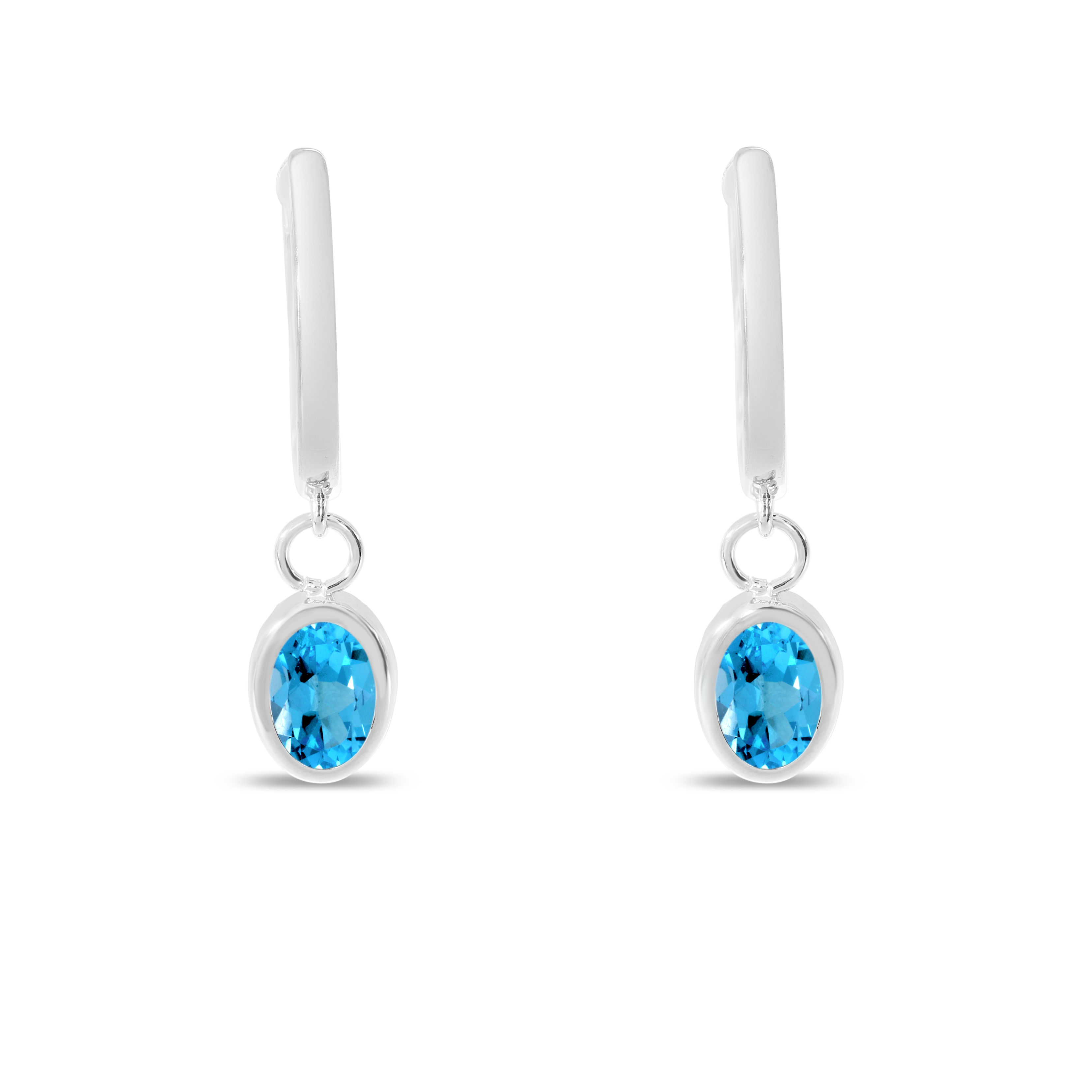 14K White Gold Oval Blue Topaz Dangle Birthstone Huggie Earrings