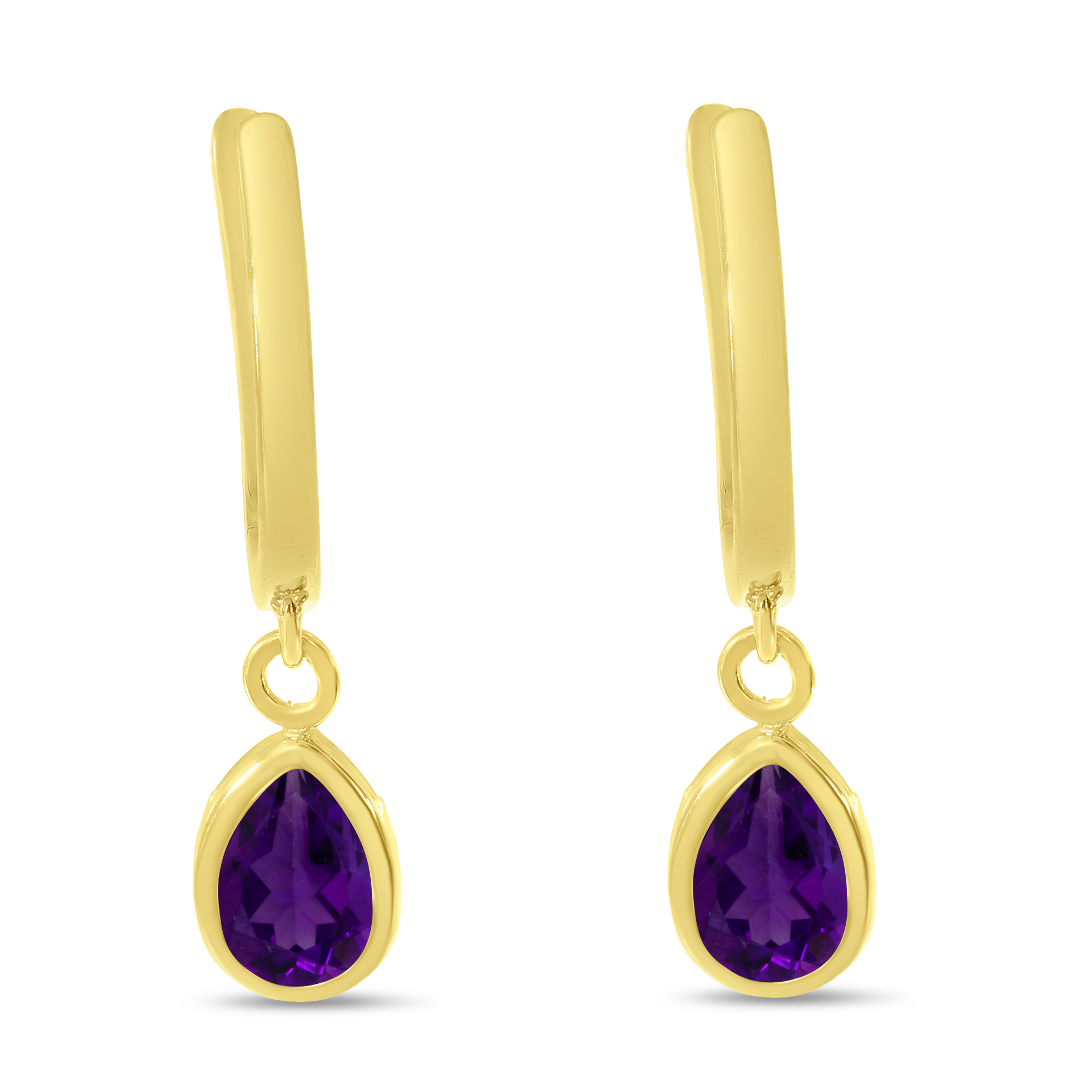 14K Yellow Gold Pear Amethyst Dangle Birthstone Huggie Earrings