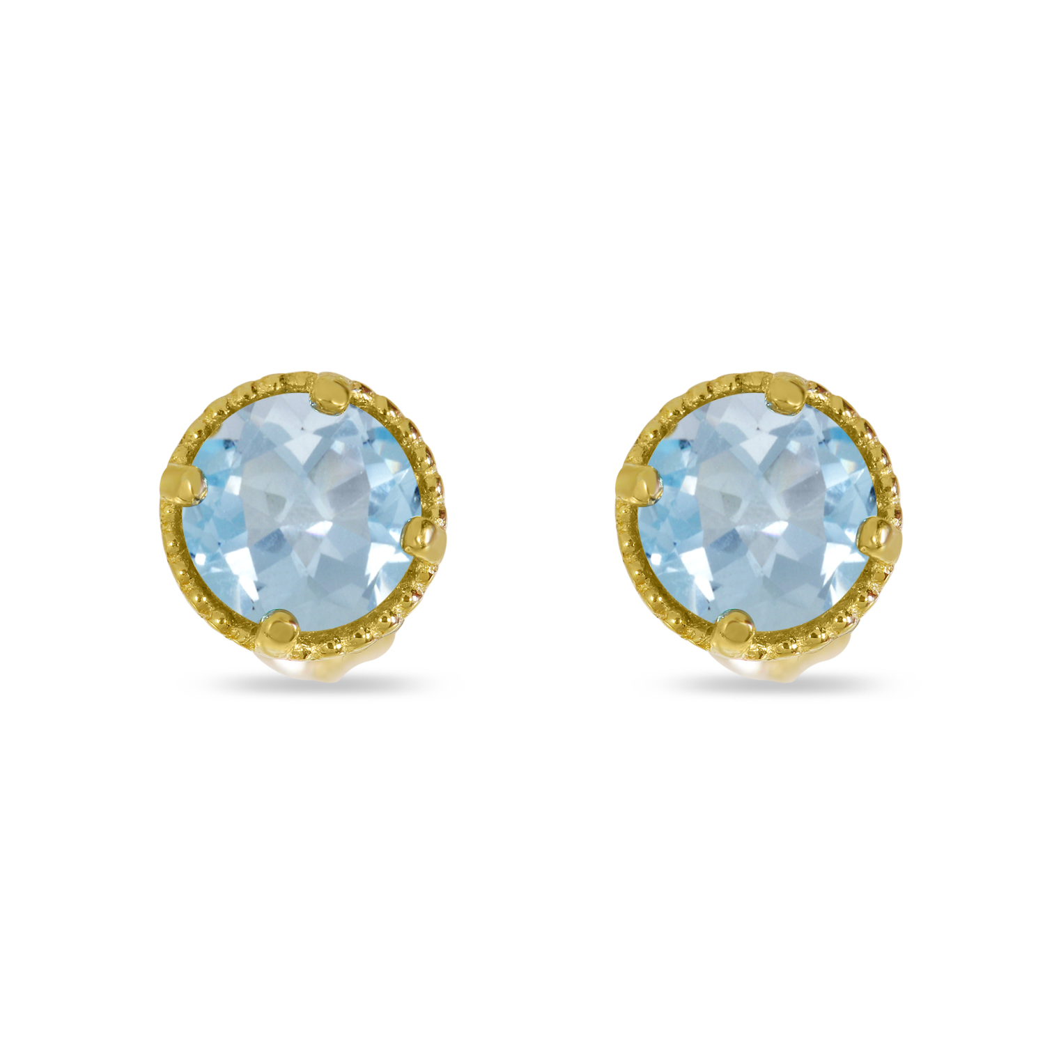 14K Yellow Gold 4mm Round Aquamarine Millgrain Halo Earrings