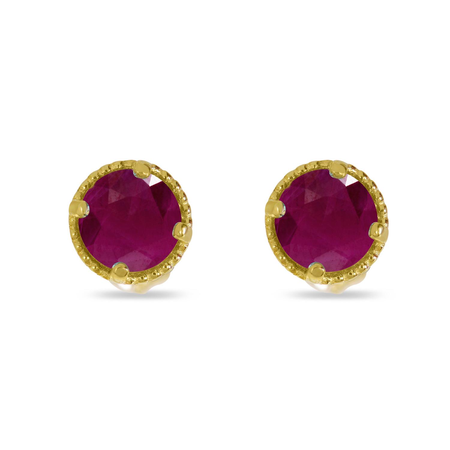 14K Yellow Gold 4mm Round Ruby Millgrain Halo Earrings