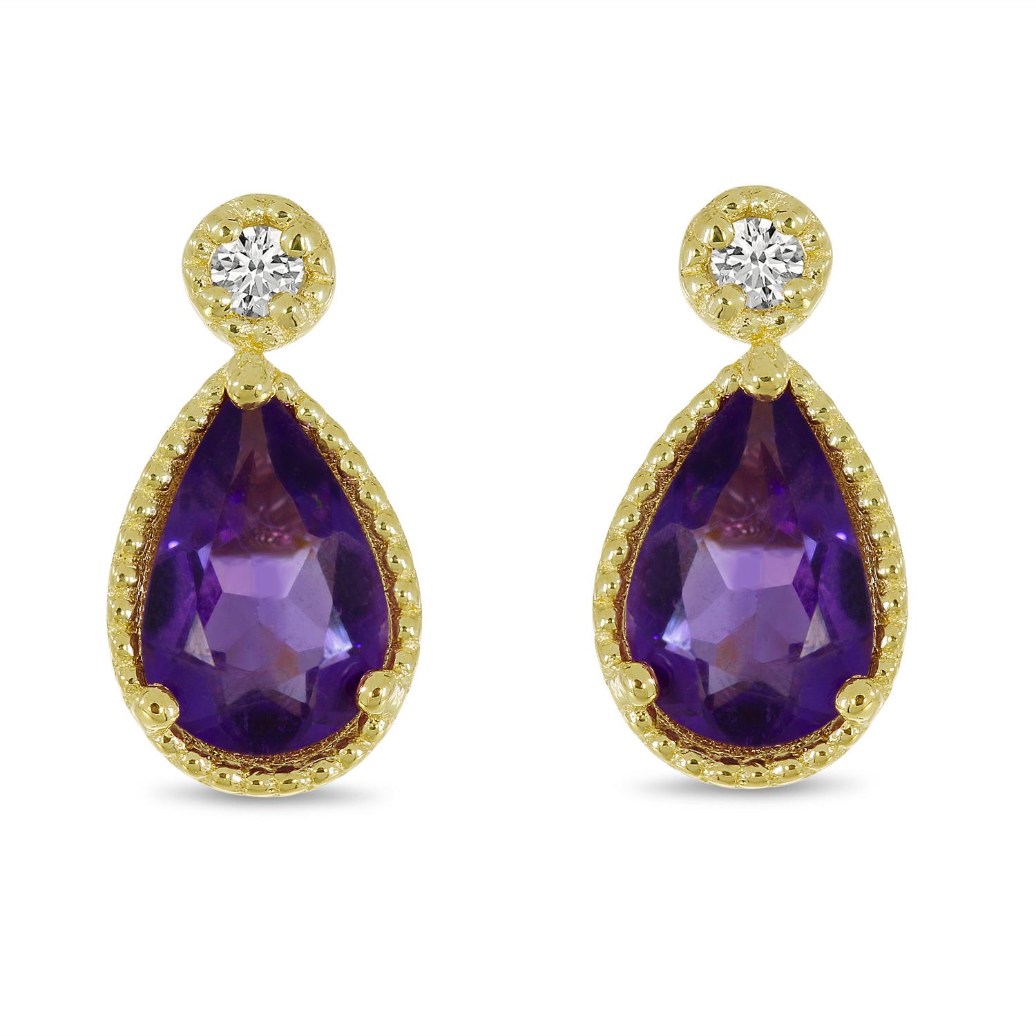 14K Yellow Gold Pear Amethyst and Diamond Millgrain Birthstone Earrings