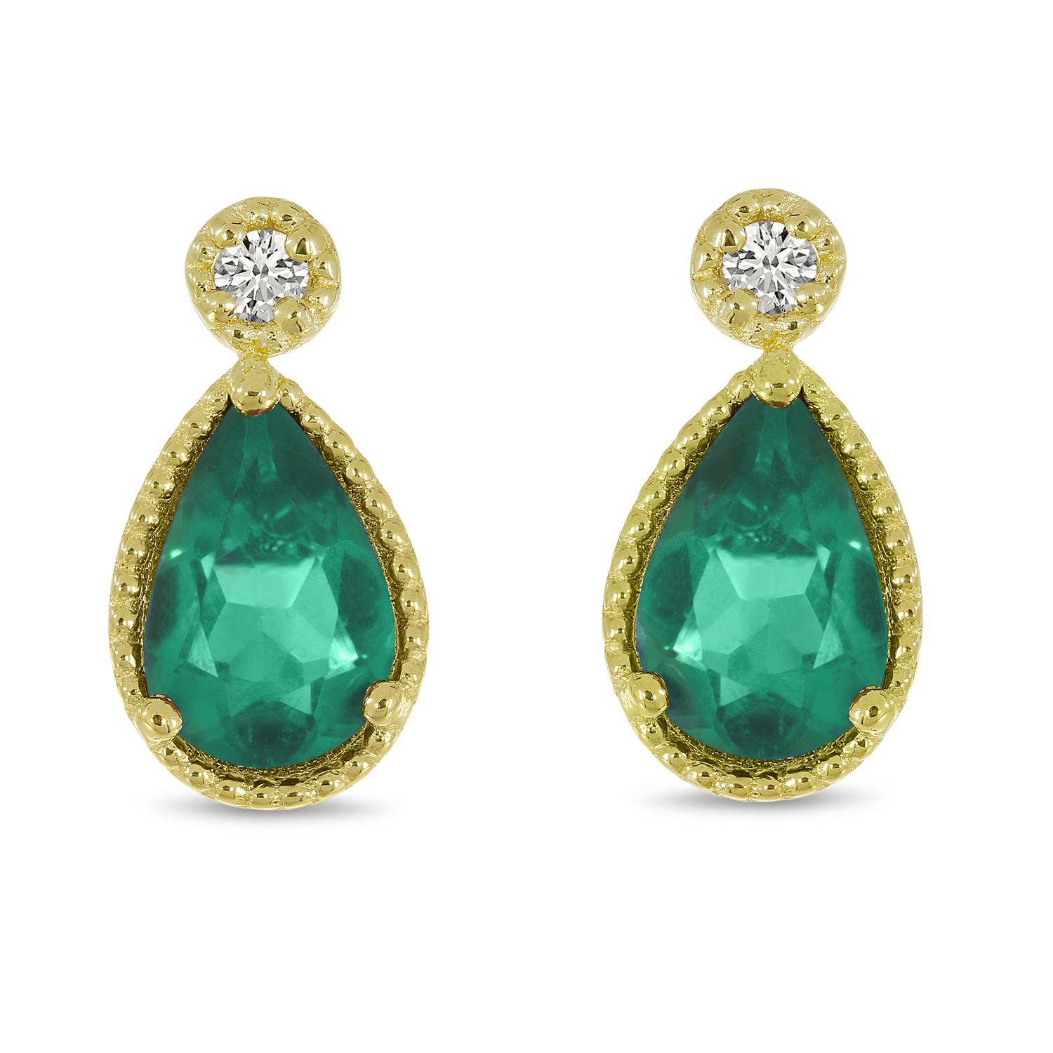 14K Yellow Gold Pear Emerald and Diamond Millgrain Birthstone Earrings