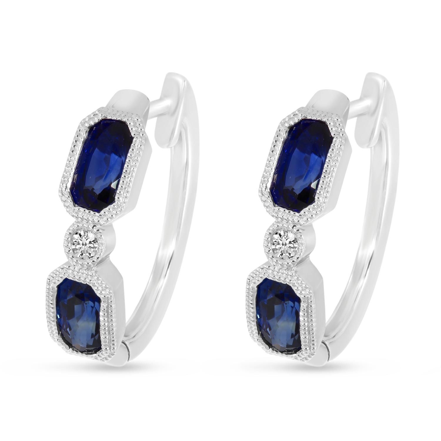 14K White Gold Hexagon Sapphire and Diamond Huggie Earrings