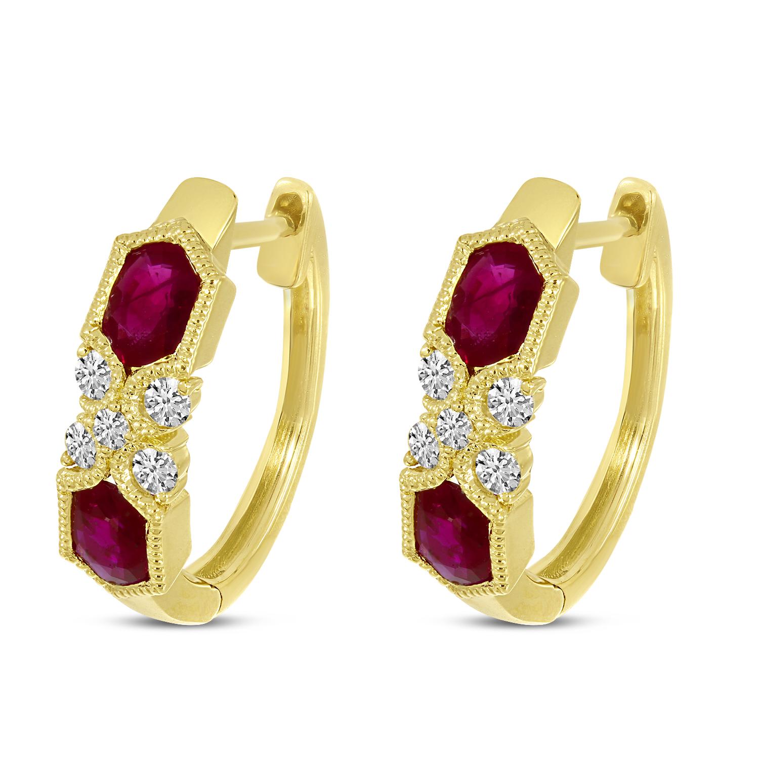 14K Yellow Gold Ruby and Diamond Millgrain Huggie Earrings