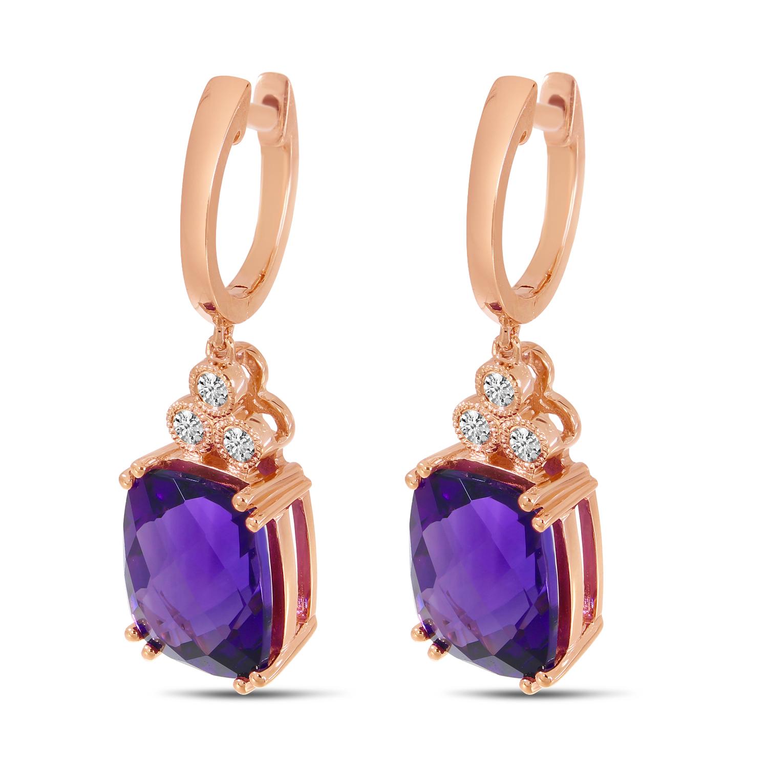 14K Rose Gold Cushion Amethyst and Diamond Millgrain Earrings