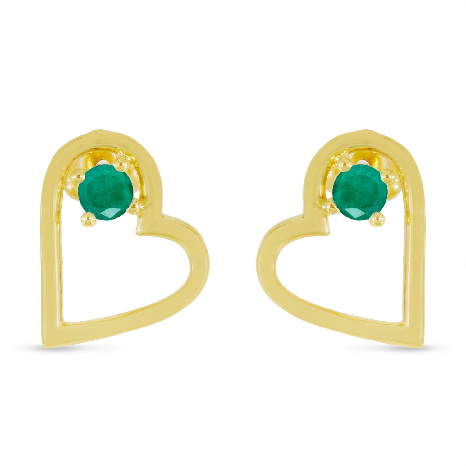 14K Yellow Gold Round Emerald Open Heart Post Earring