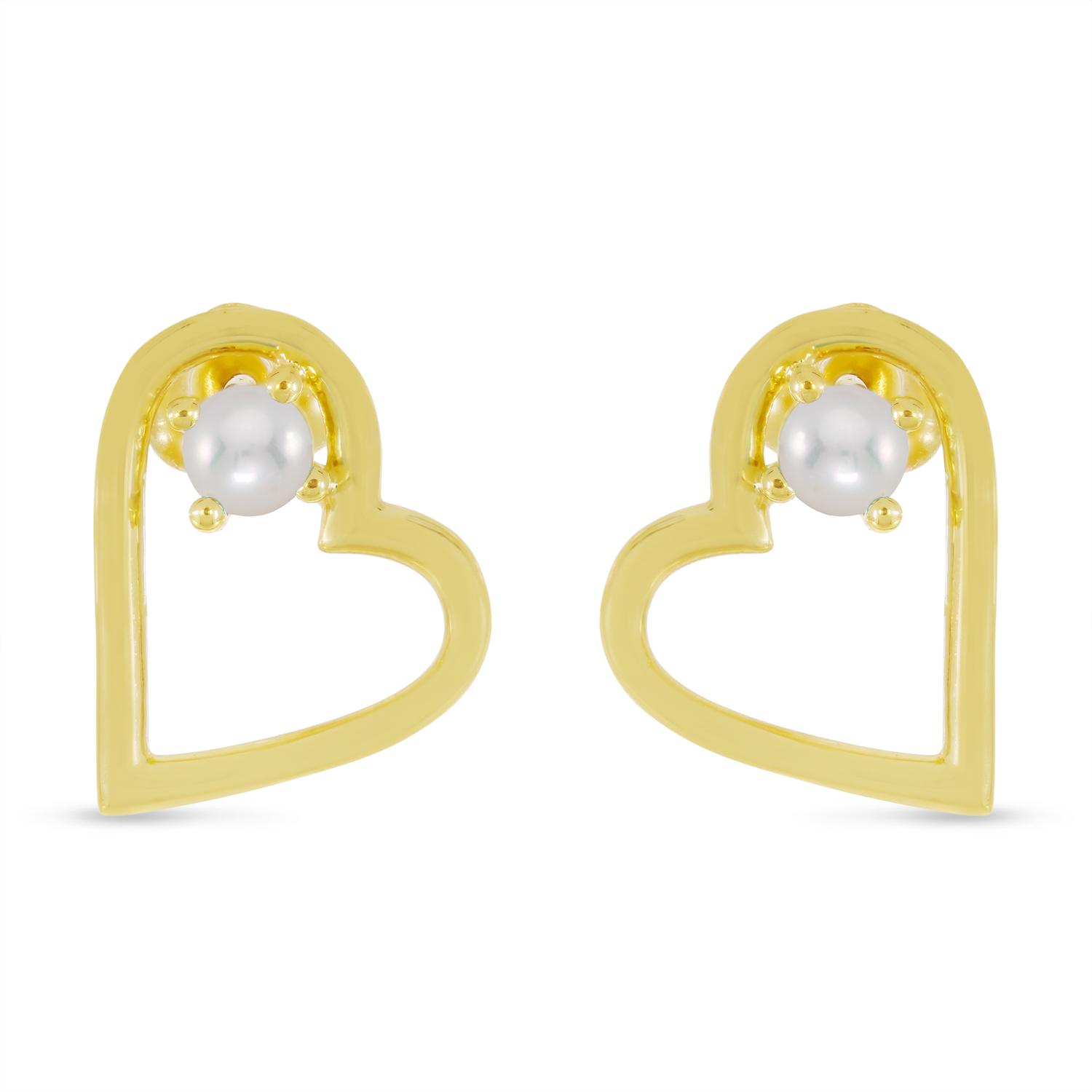 14K Yellow Gold Round Pearl Open Heart Post Earring