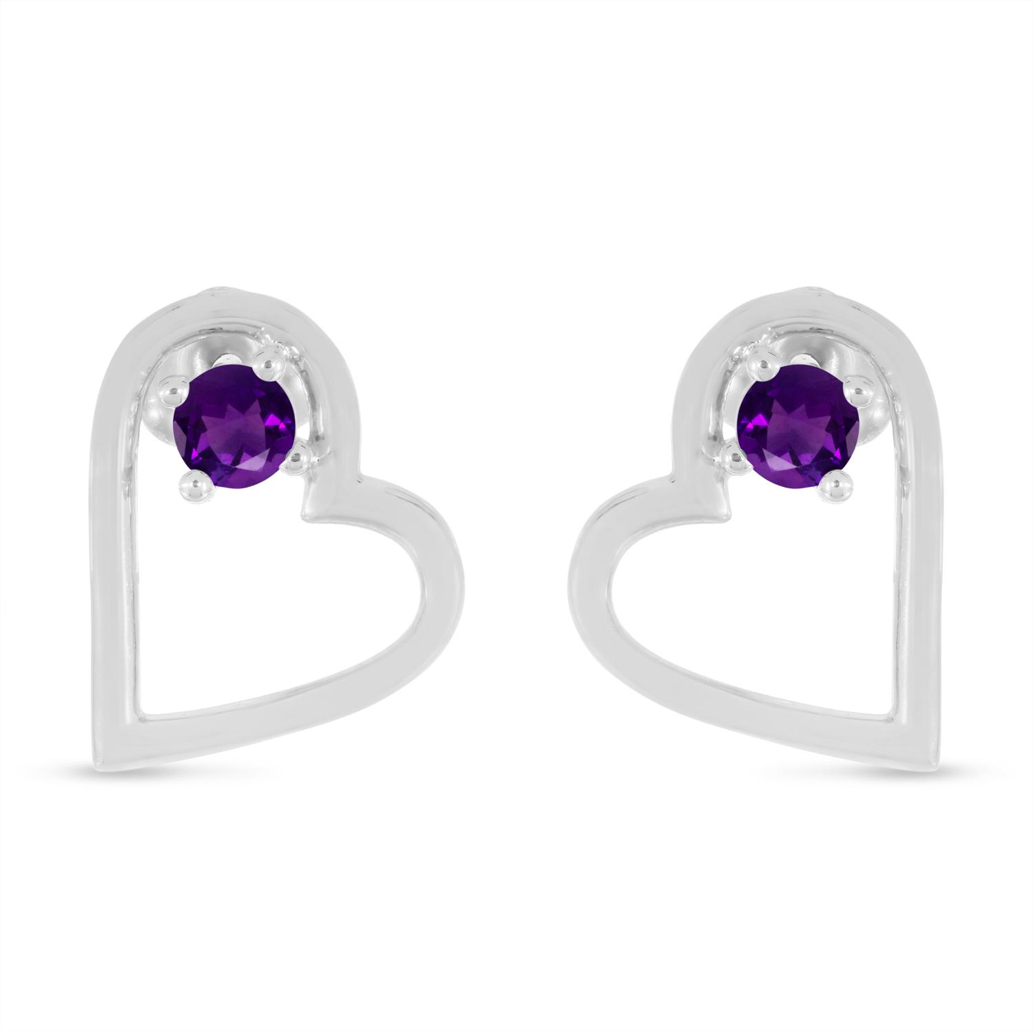 14K White Gold Round Amethyst Open Heart Post Earring