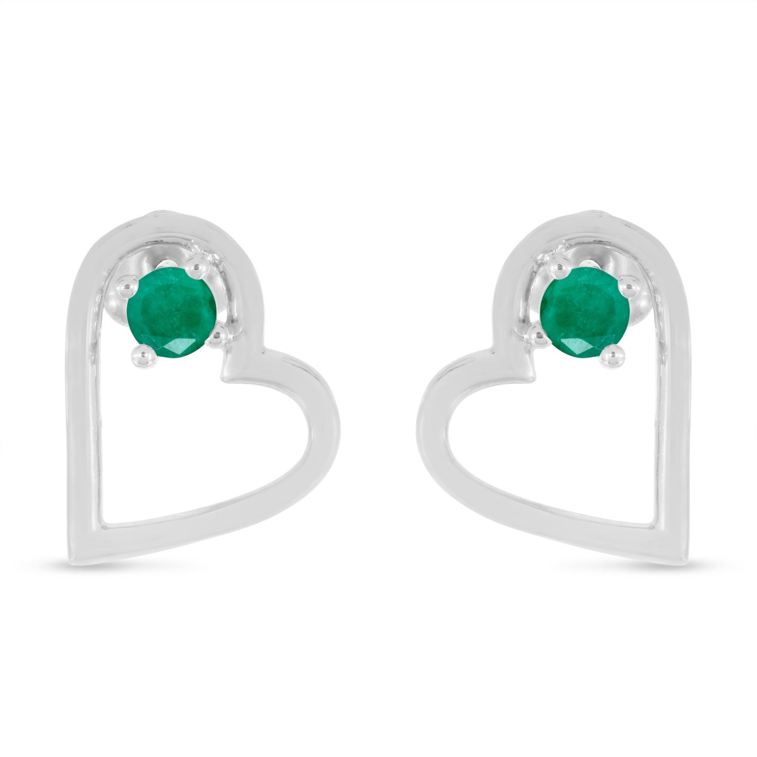 14K White Gold Round Emerald Open Heart Post Earring