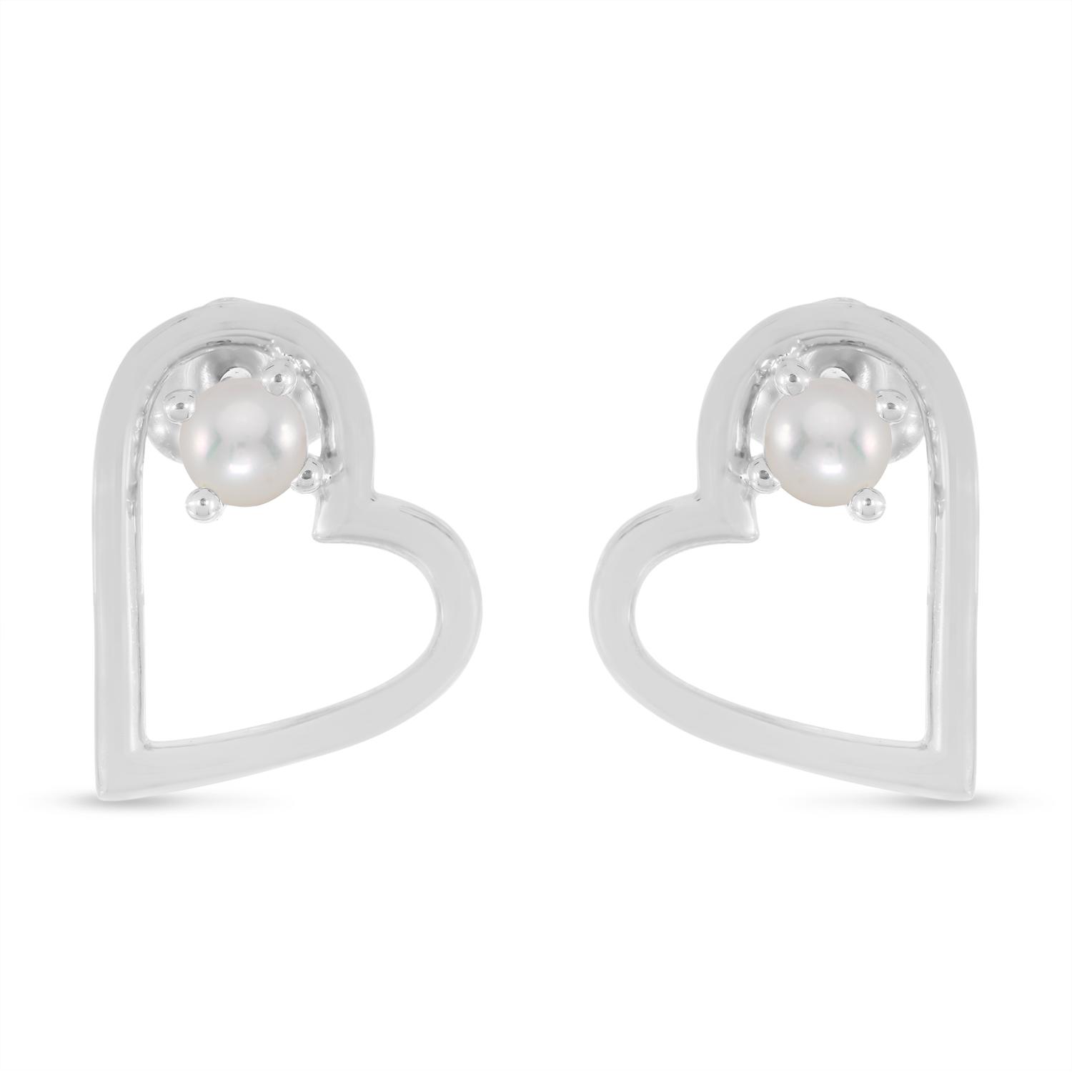 14K White Gold Round Pearl Open Heart Post Earring