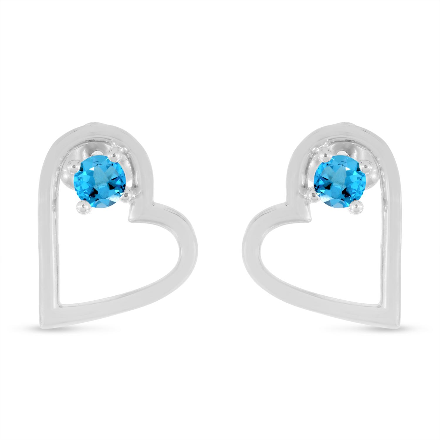 14K White Gold Round Blue Topaz Open Heart Post Earring