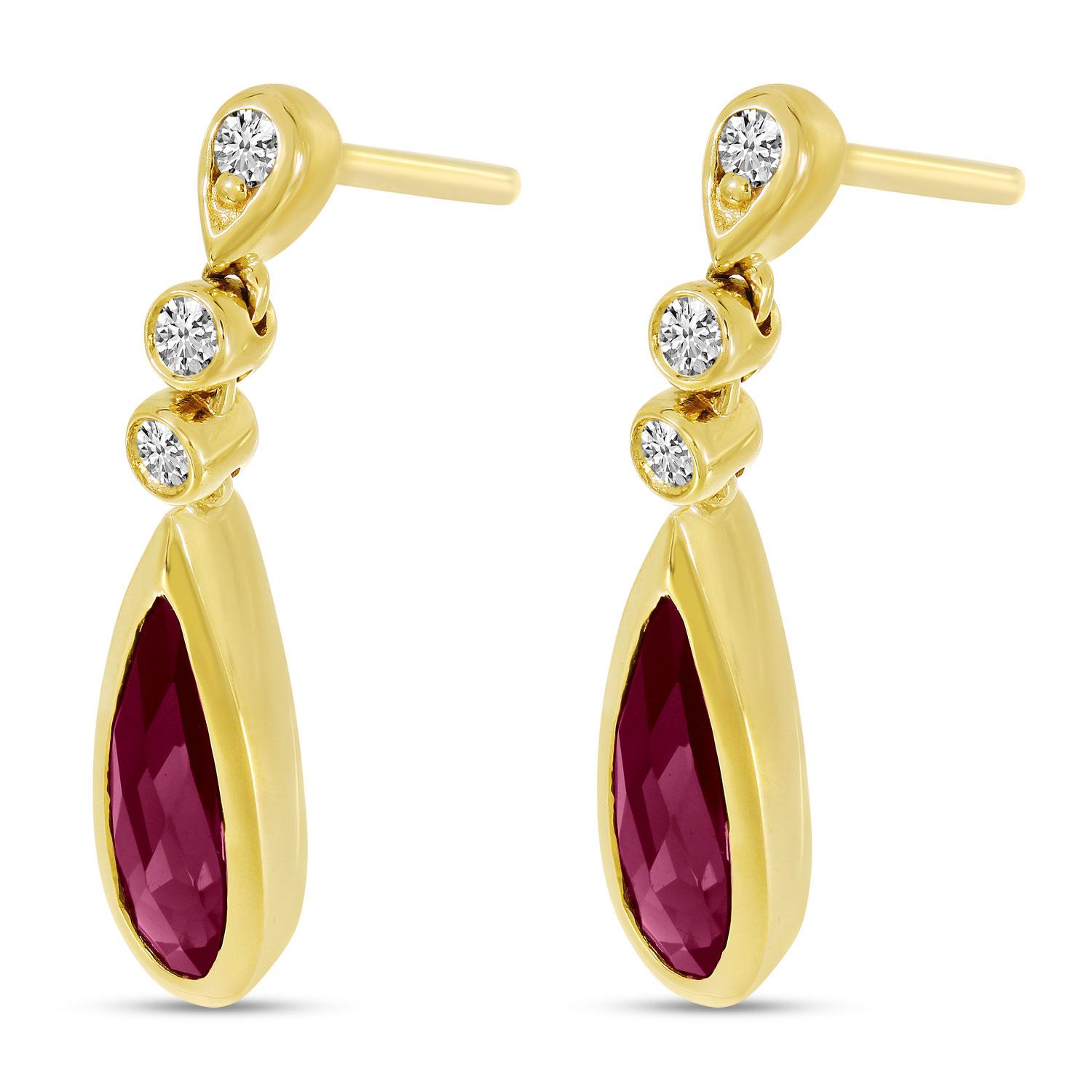 14K Yellow Gold Elongated Pear Rhodalite Garnet and Diamond Teardrop Earrings