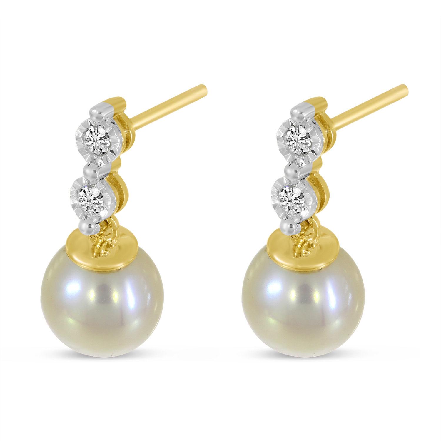 14K Yellow Gold Pearl and Two Diamond Drop Post Earrings