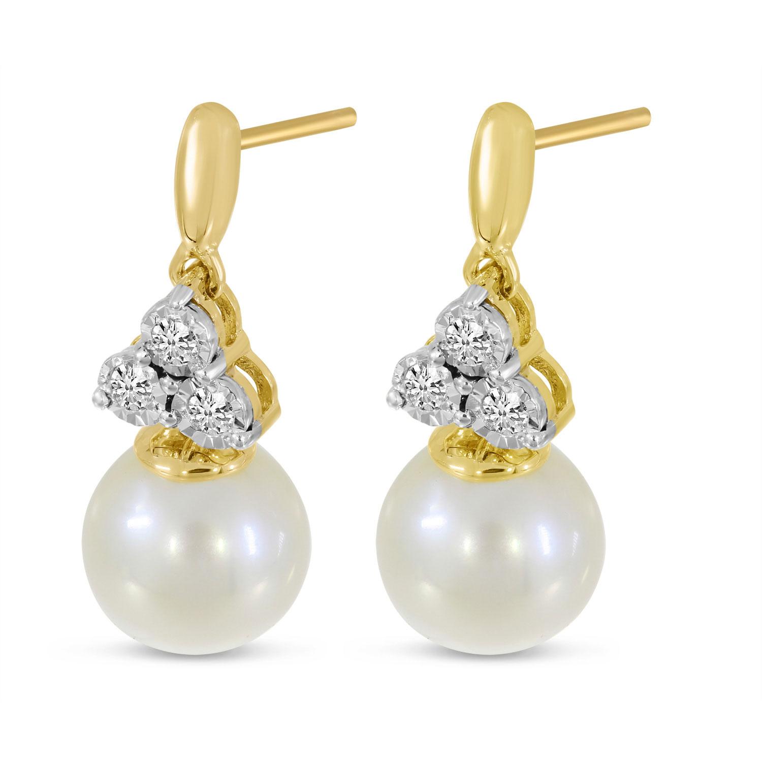 14K Yellow Gold Pearl and Diamond Triangle Post Earring