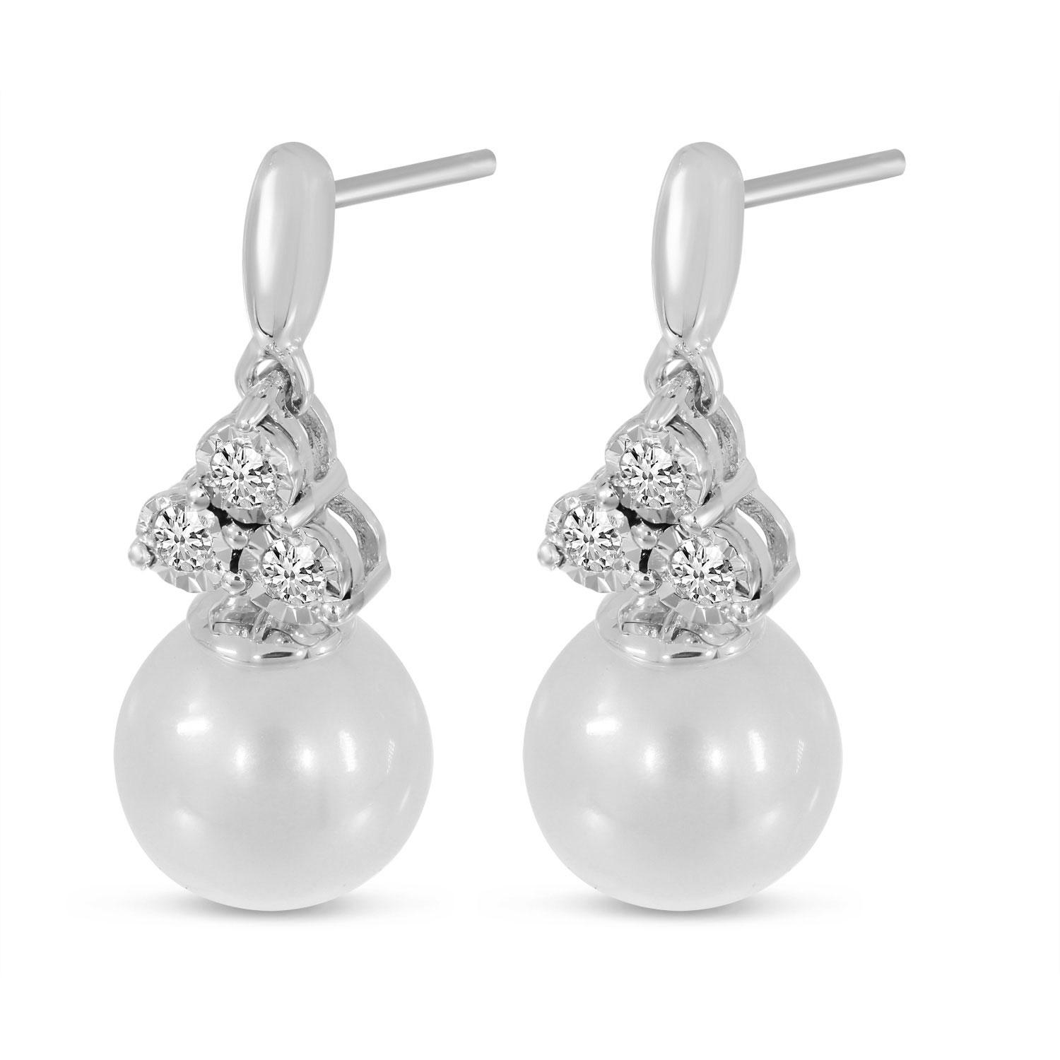 14K White Gold Pearl and Diamond Triangle Post Earring