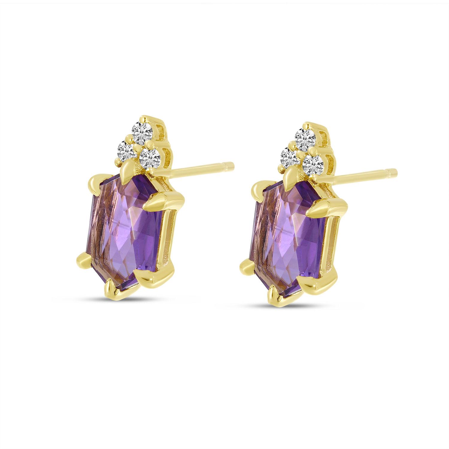 14K Yellow Gold Hexagon Amethyst and Diamond Post Earrings