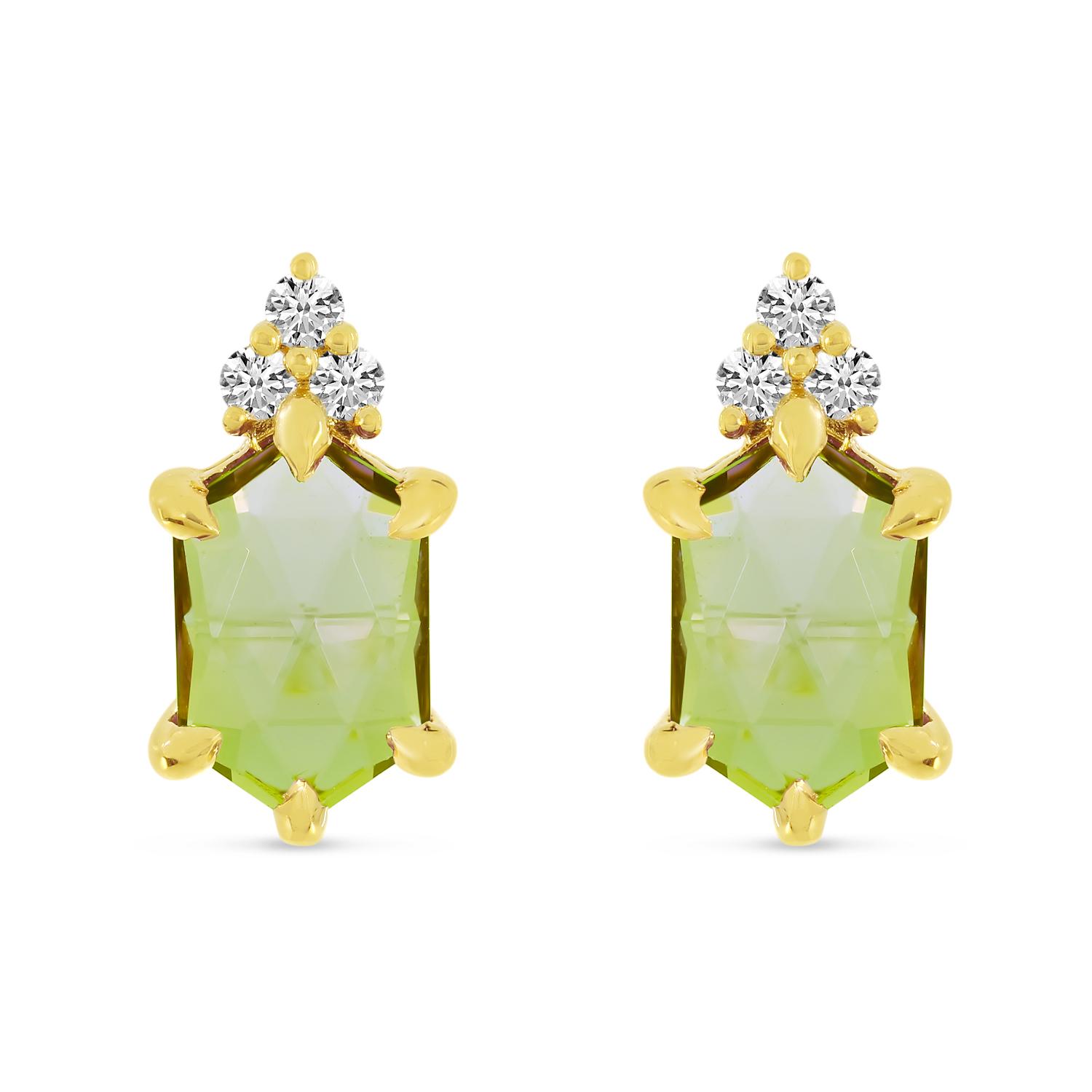 14K Yellow Gold Hexagon Peridot and Diamond Post Earrings