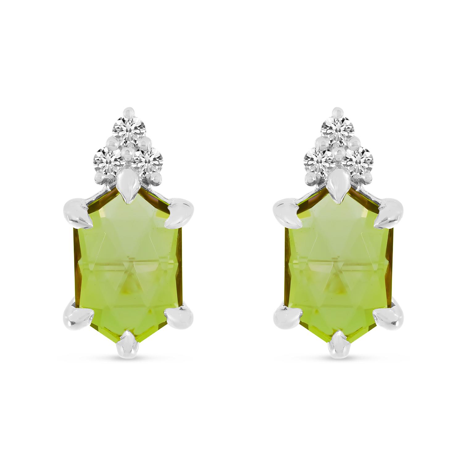 14K White Gold Hexagon Peridot and Diamond Post Earrings