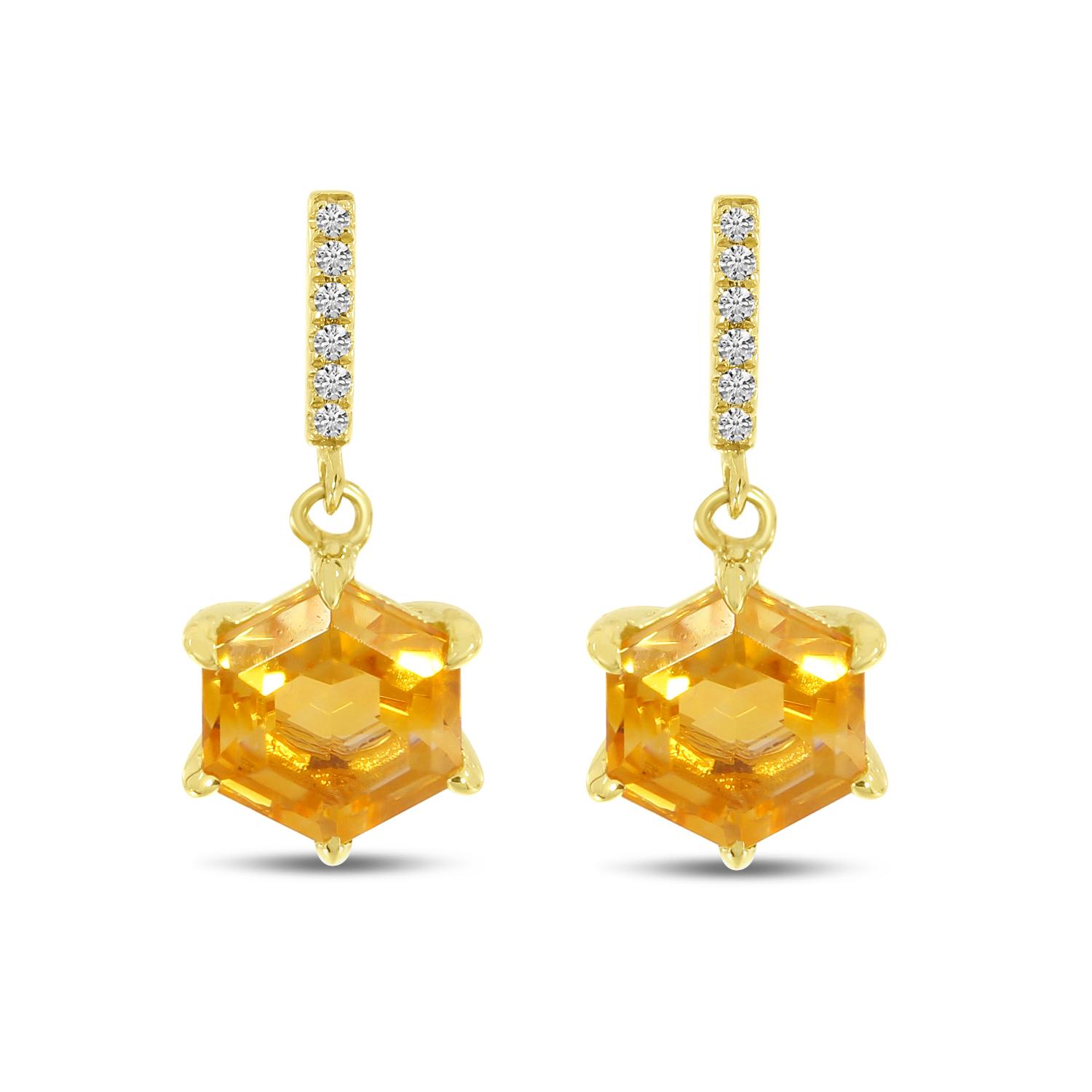 14K Yellow Gold Hexagon Citrine with Diamond Semi Precious Earrings