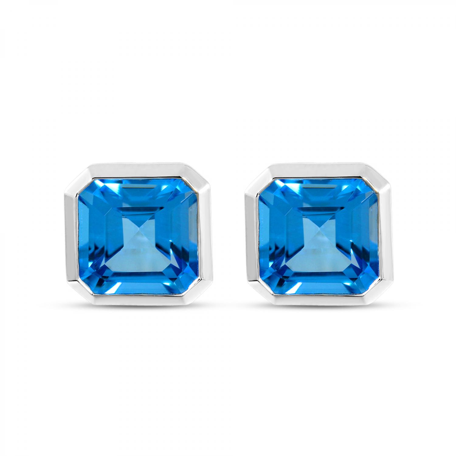 14K White Gold Octagon Blue Topaz Post Earrings