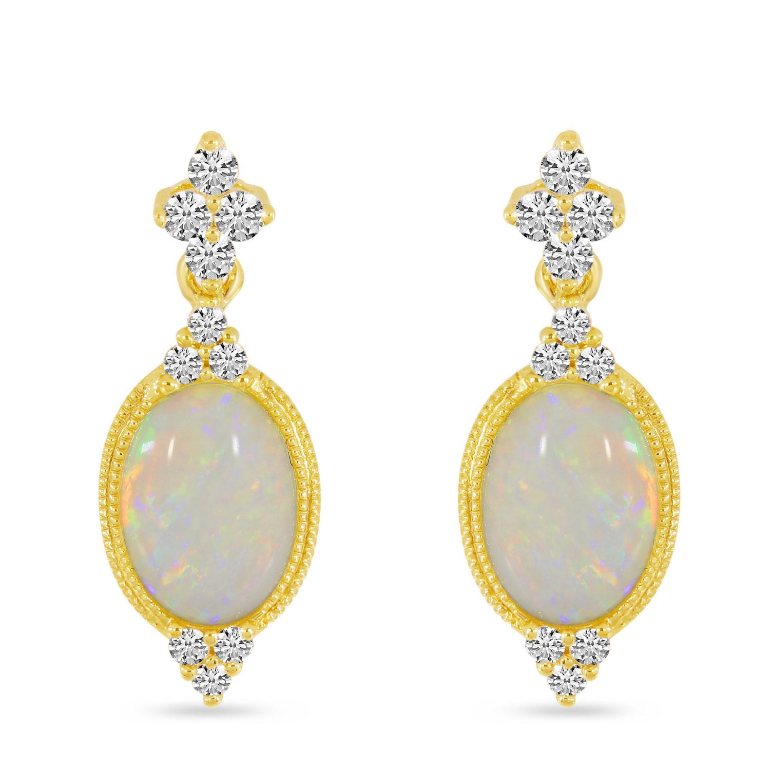 14K Yellow Gold Oval Opal and Diamond Post Earrings