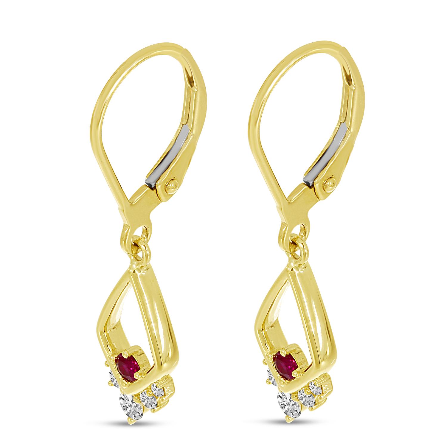 14K Yellow Gold Ruby and Diamond Triangle Leverback Earrings